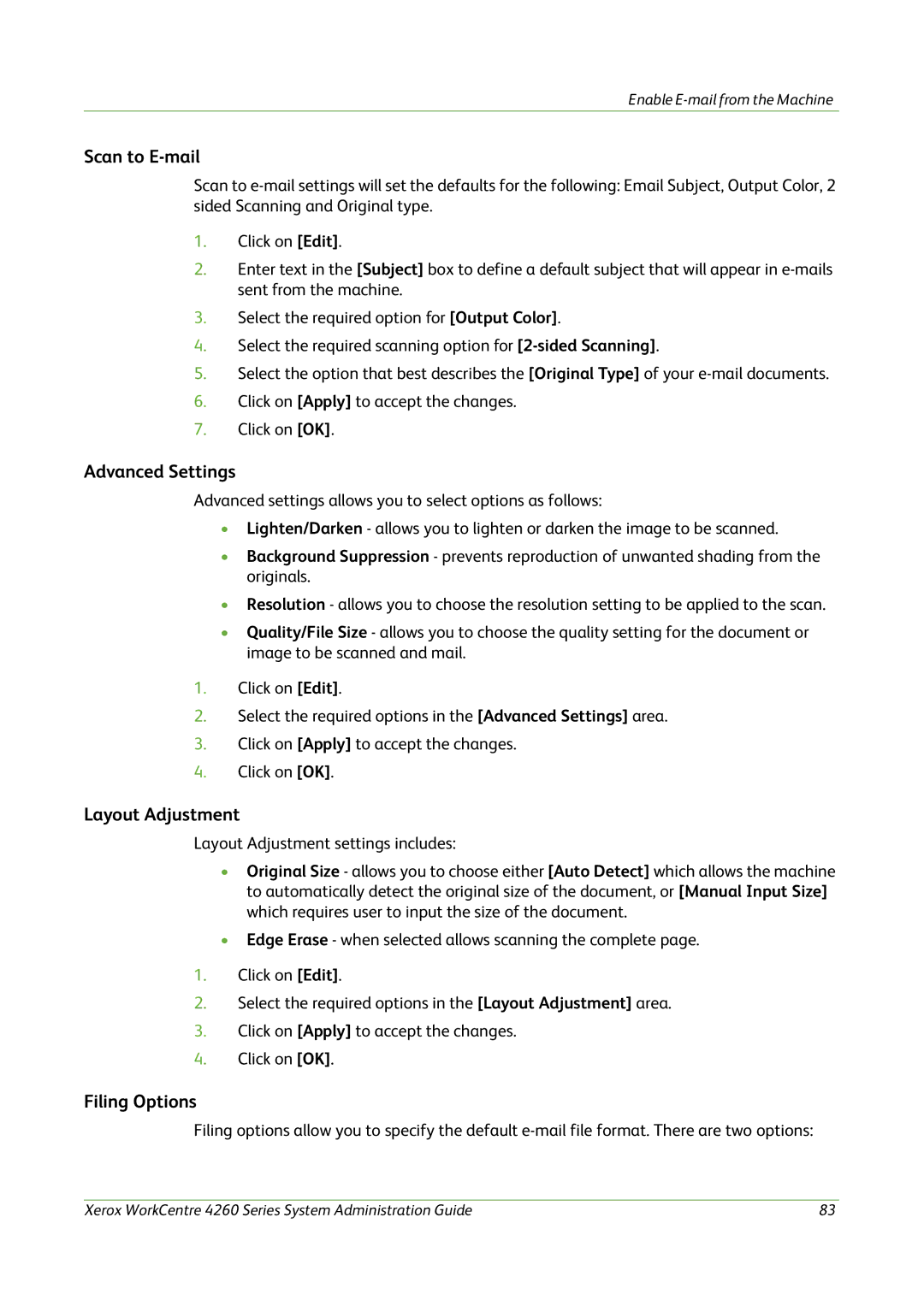 Xerox 4260 Series manual Scan to E-mail, Advanced Settings, Layout Adjustment, Filing Options 