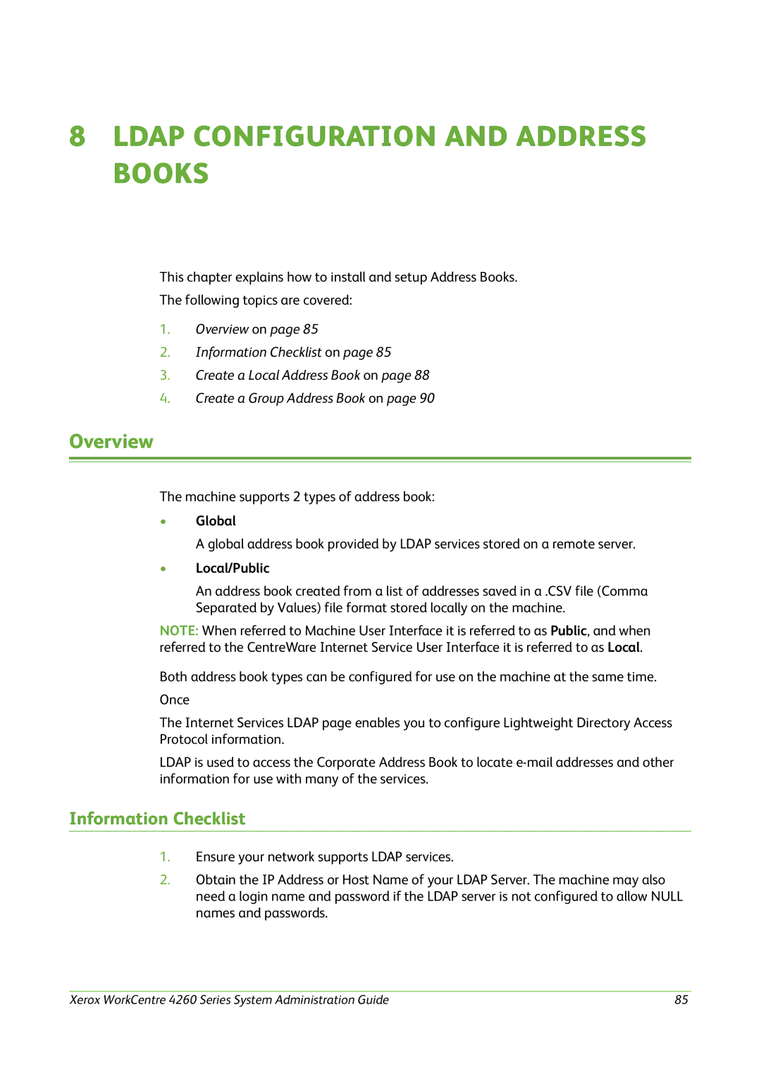 Xerox 4260 Series manual Ldap Configuration and Address Books, Information Checklist, Global, Local/Public 