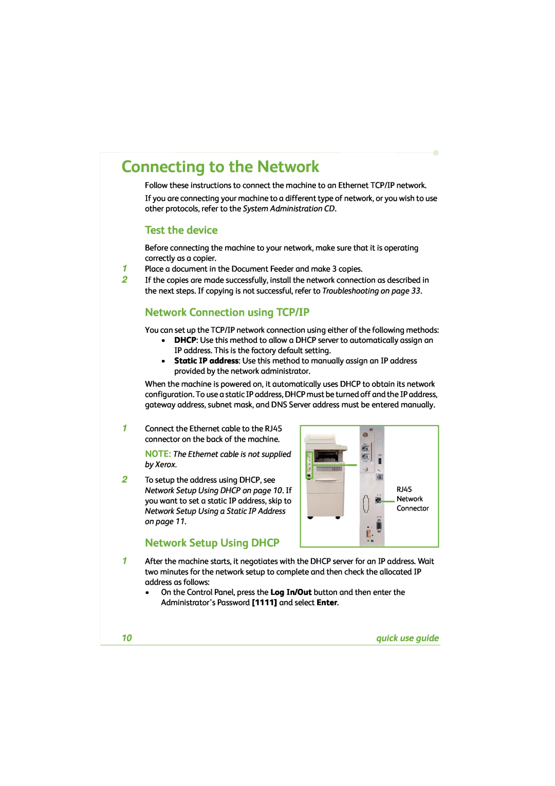 Xerox 4260C Connecting to the Network, Test the device, Network Connection using TCP/IP, Network Setup Using DHCP, on page 