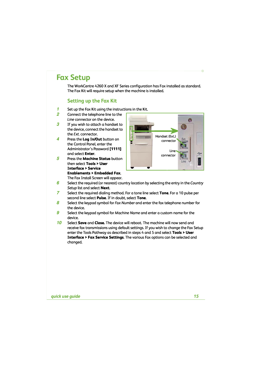 Xerox 4260C manual Fax Setup, Setting up the Fax Kit, quick use guide 