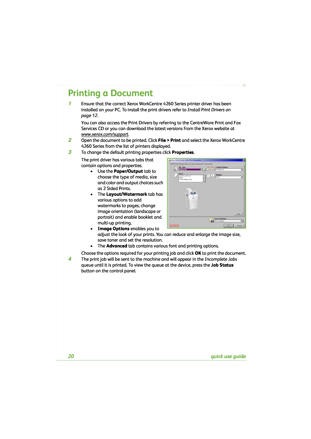 Xerox 4260C manual Printing a Document, •Image Options enables you to, quick use guide 