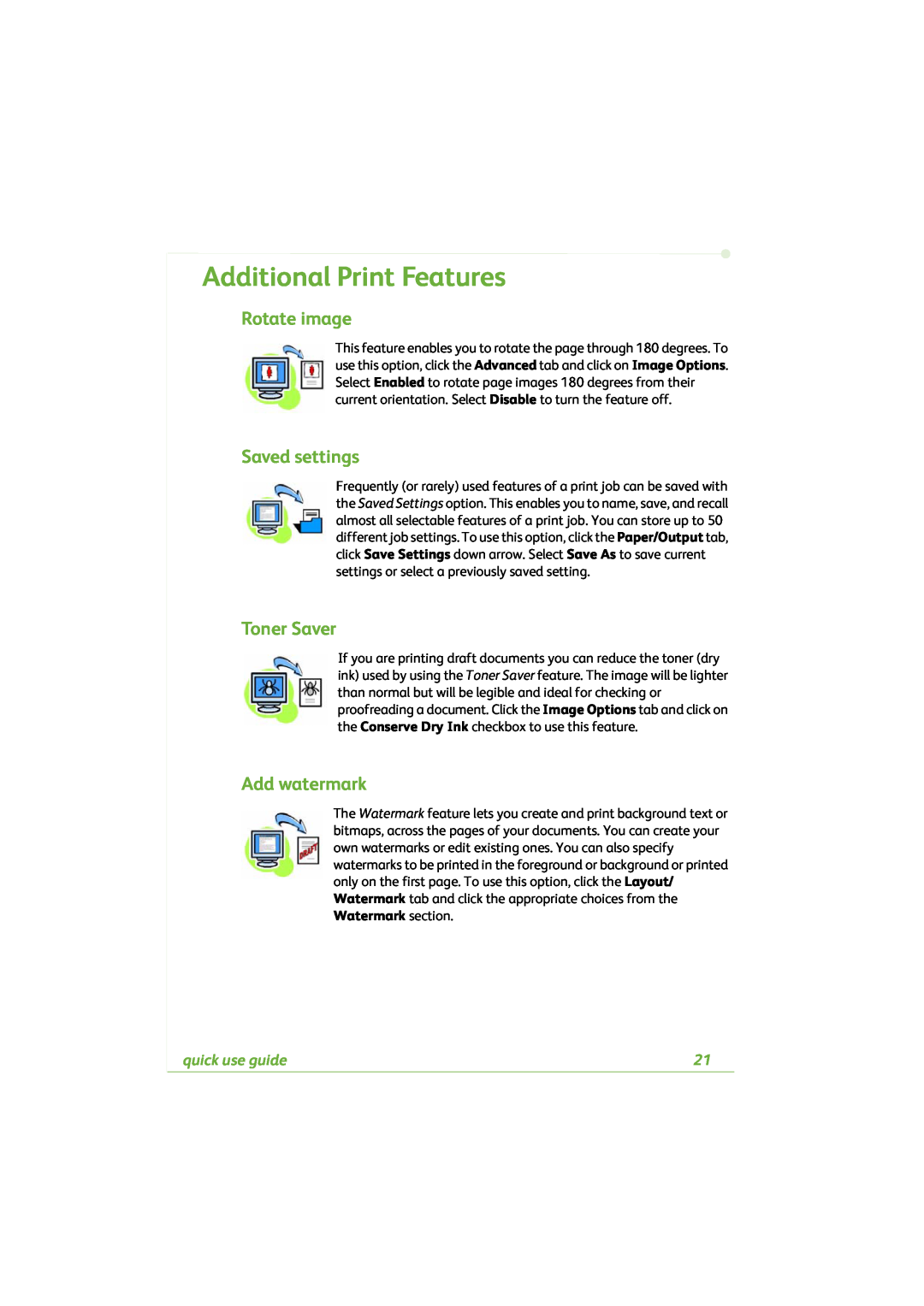 Xerox 4260C manual Additional Print Features, Rotate image, Saved settings, Toner Saver, Add watermark, quick use guide 