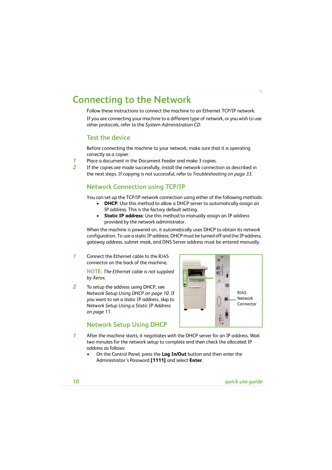 Xerox 4260C manual Connecting to the Network, Test the device, Network Connection using TCP/IP, Network Setup Using Dhcp 