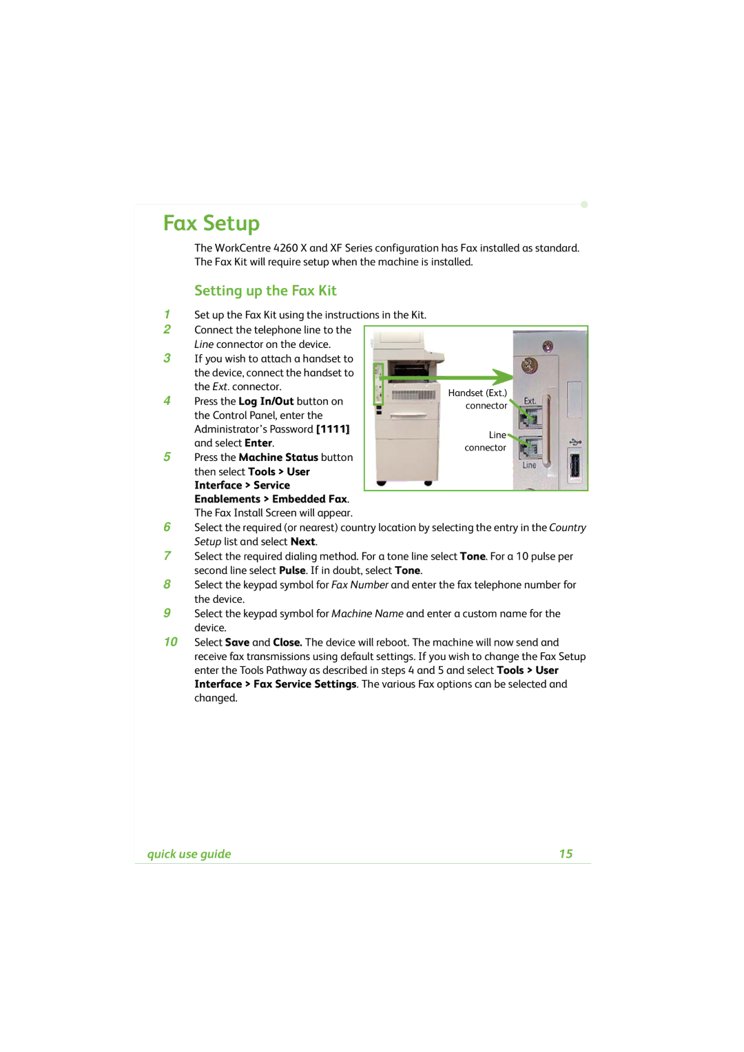 Xerox 4260C manual Fax Setup, Setting up the Fax Kit, Interface Service Enablements Embedded Fax 