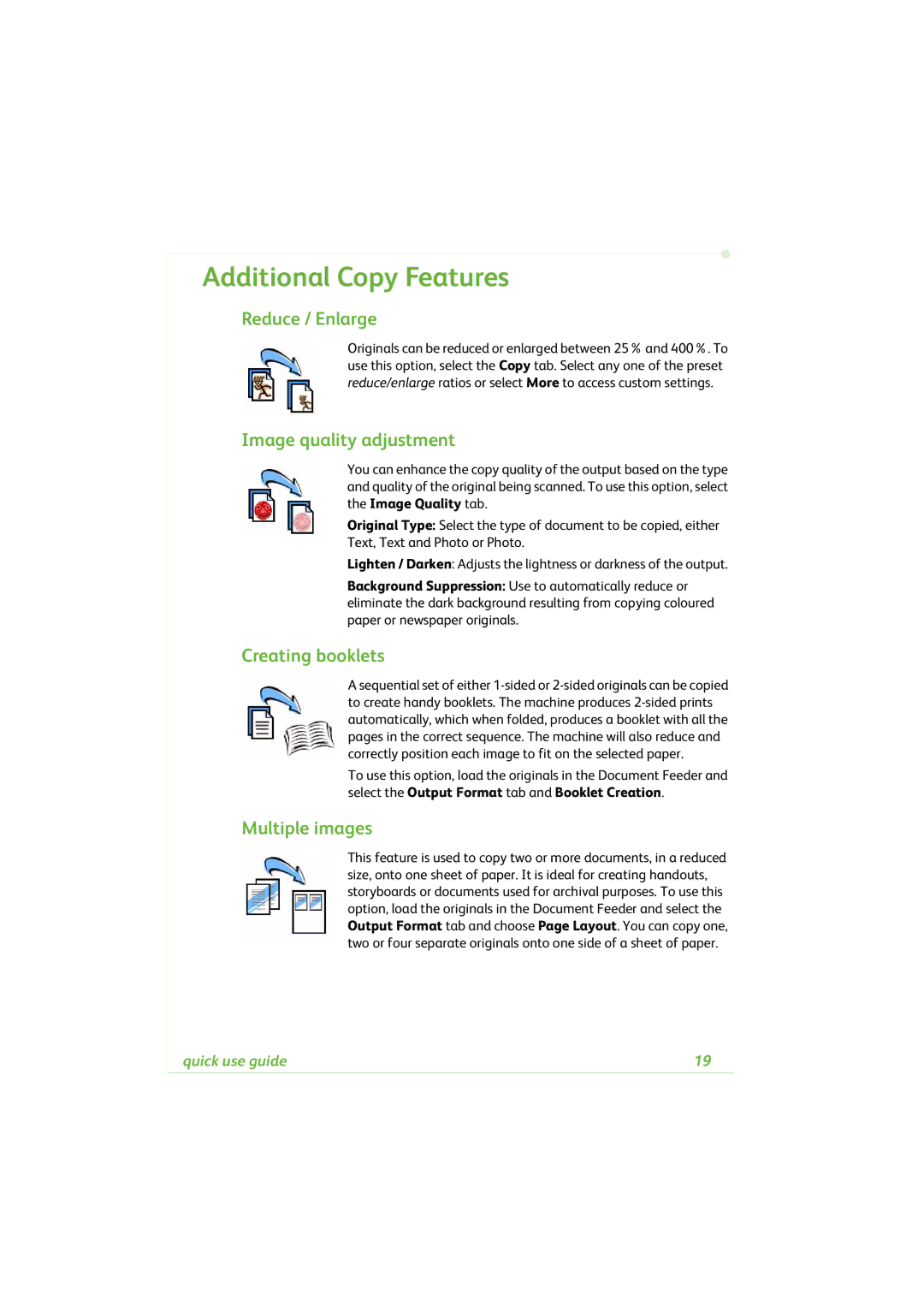 Xerox 4260C manual Additional Copy Features, Reduce / Enlarge, Image quality adjustment, Creating booklets, Multiple images 