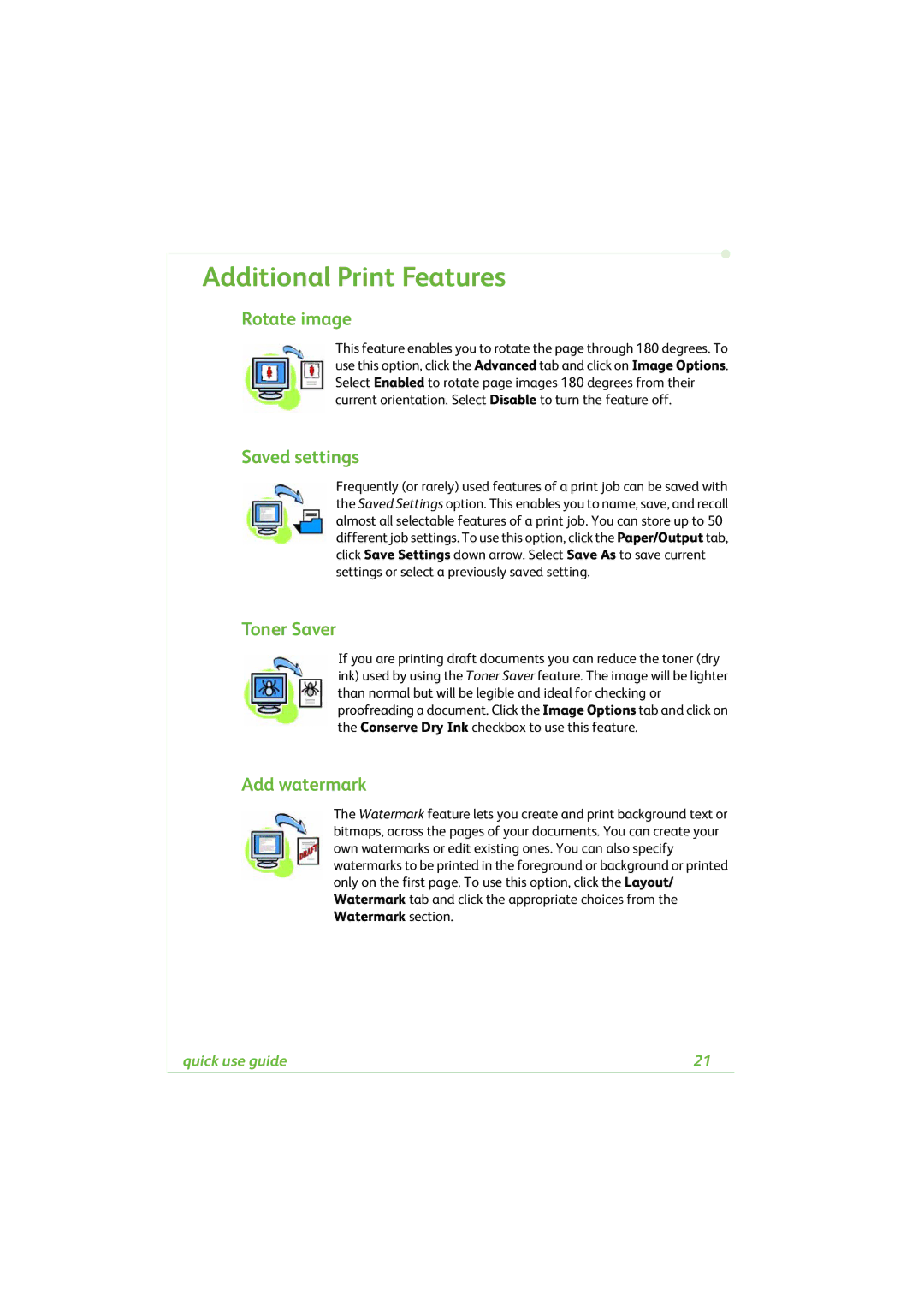 Xerox 4260C manual Additional Print Features, Rotate image, Saved settings, Toner Saver, Add watermark 