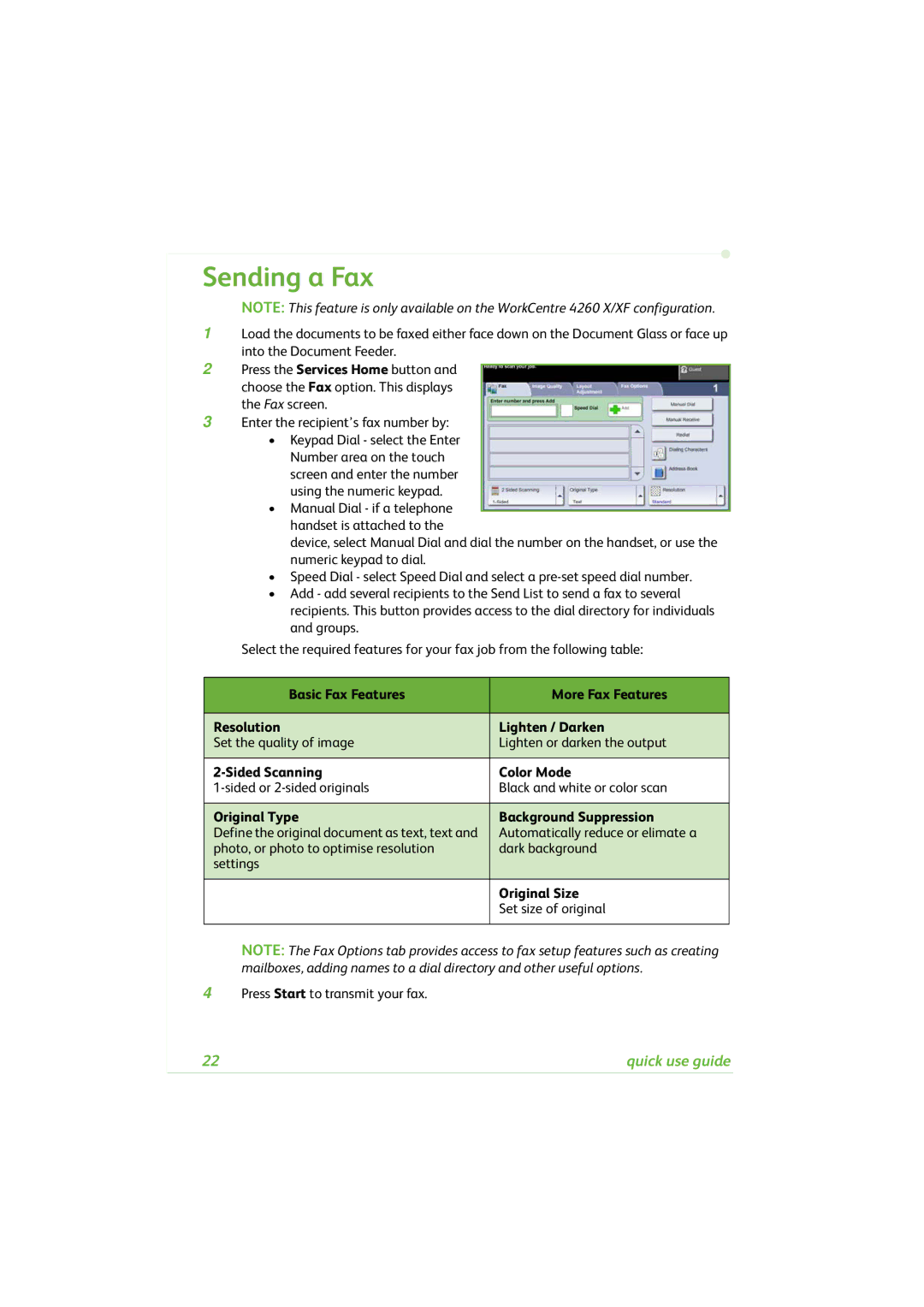 Xerox 4260C manual Sending a Fax, Sided Scanning Color Mode, Original Type Background Suppression 