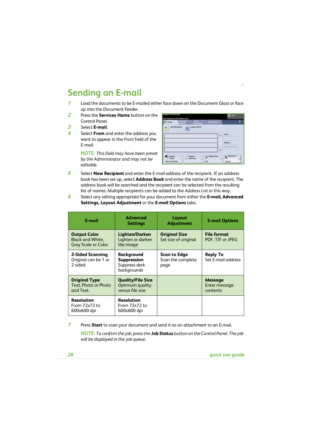 Xerox 4260C Sending an E-mail, Sided Scanning Background Scan to Edge Reply To, Original Type Quality/File Size Message 