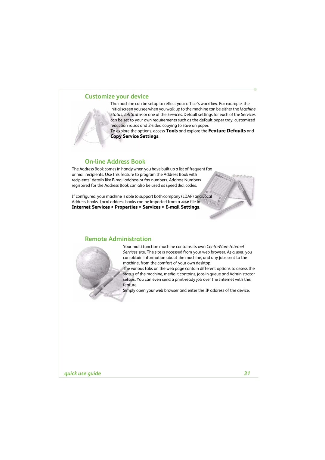 Xerox 4260C manual Customize your device, On-line Address Book, Remote Administration 