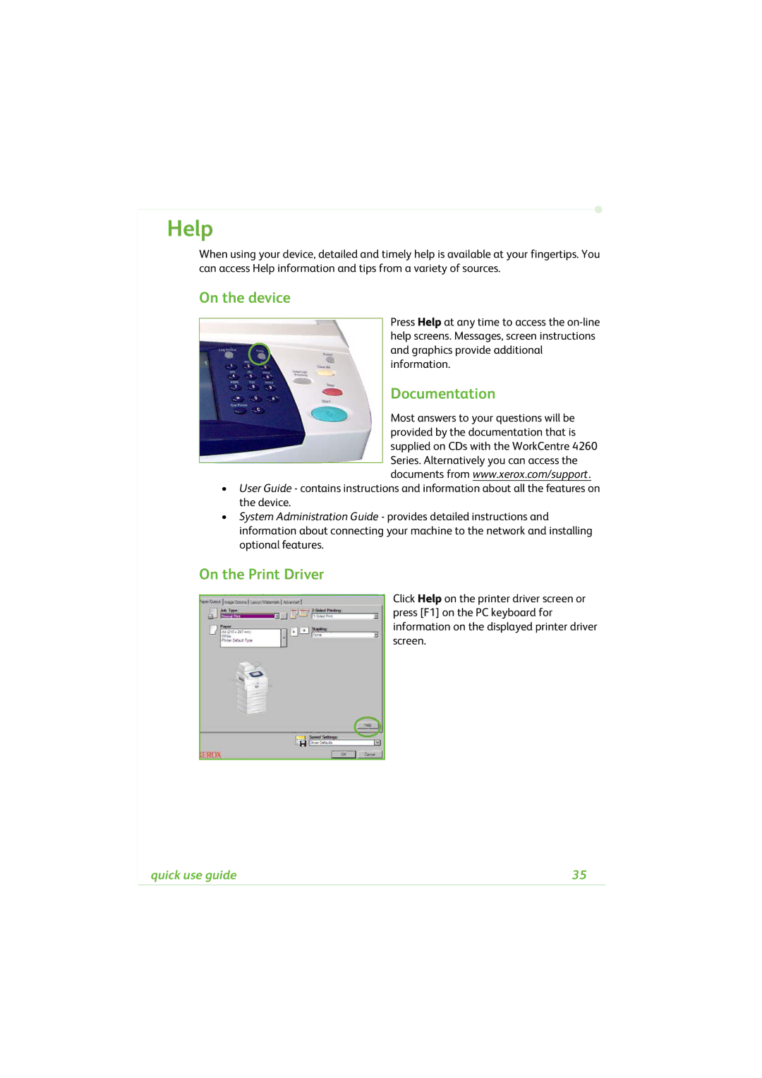 Xerox 4260C manual Help, On the device, Documentation, On the Print Driver 