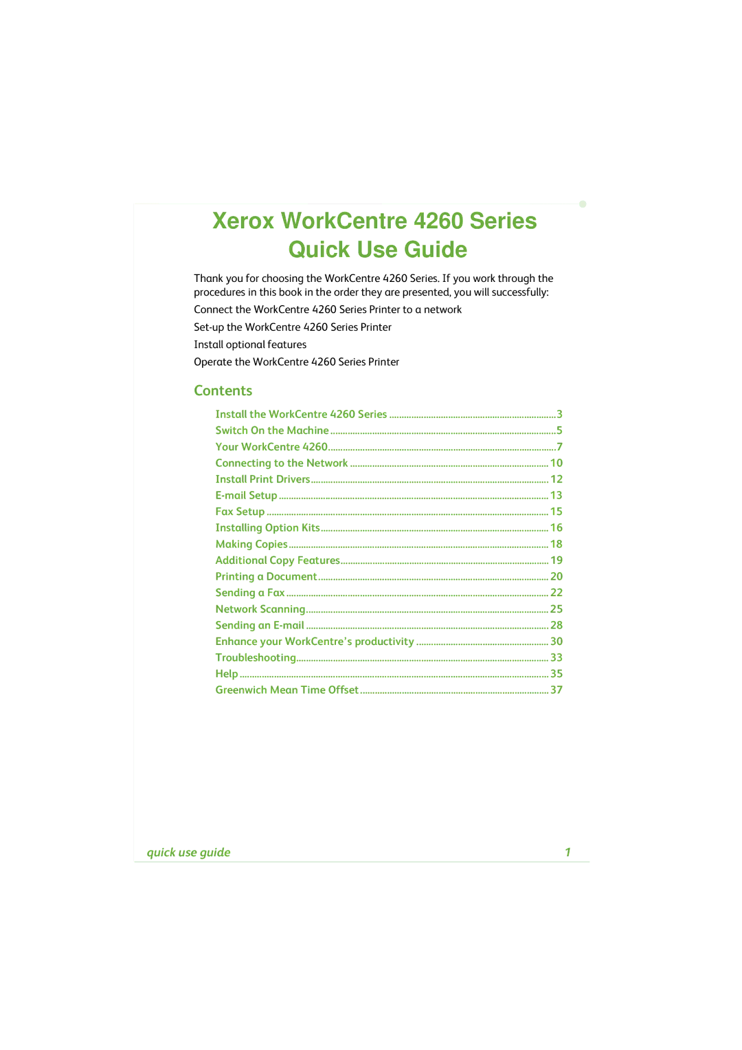 Xerox 4260C manual Xerox WorkCentre 4260 Series Quick Use Guide, Contents 