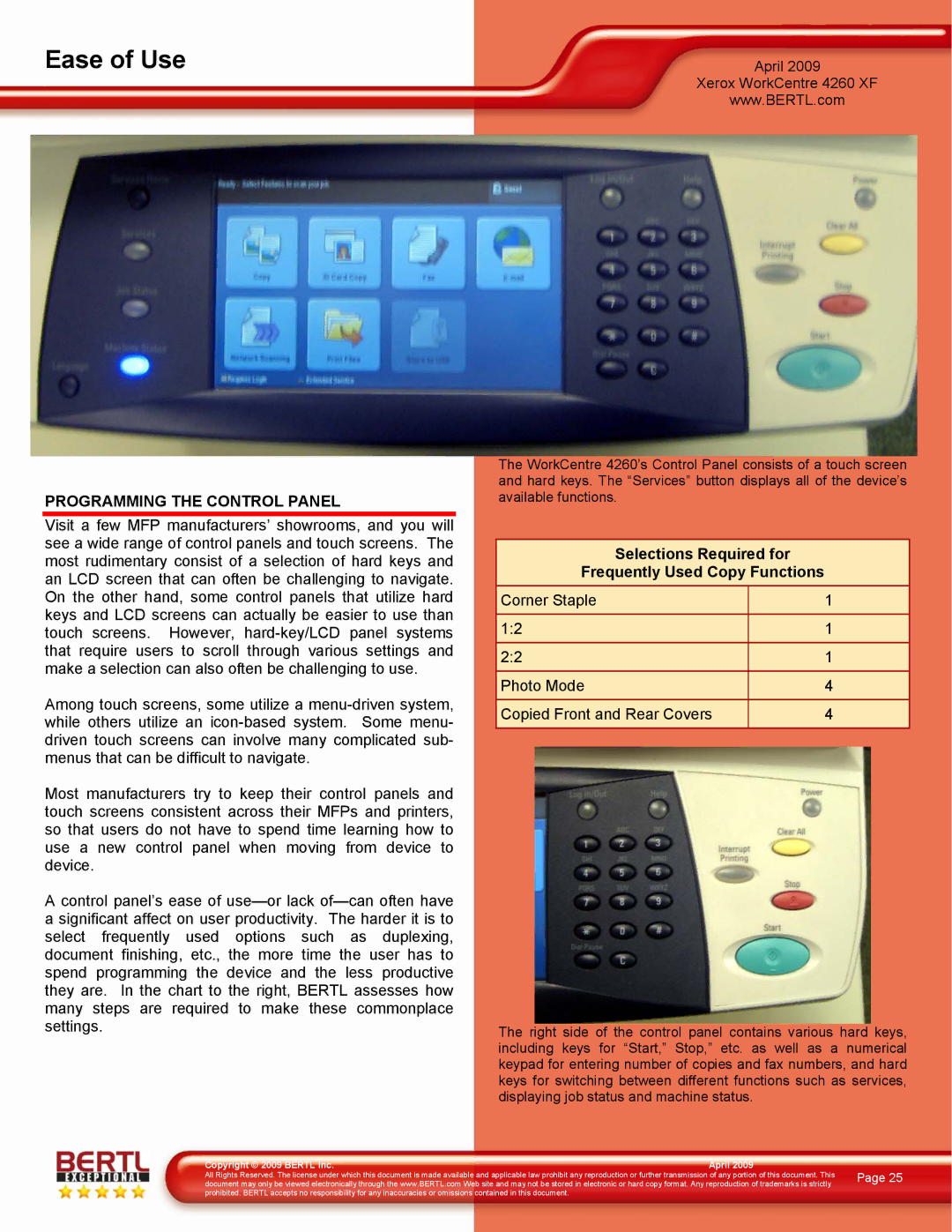 Xerox 4260/XF manual Ease of Use, Programming the Control Panel, Selections Required for Frequently Used Copy Functions 