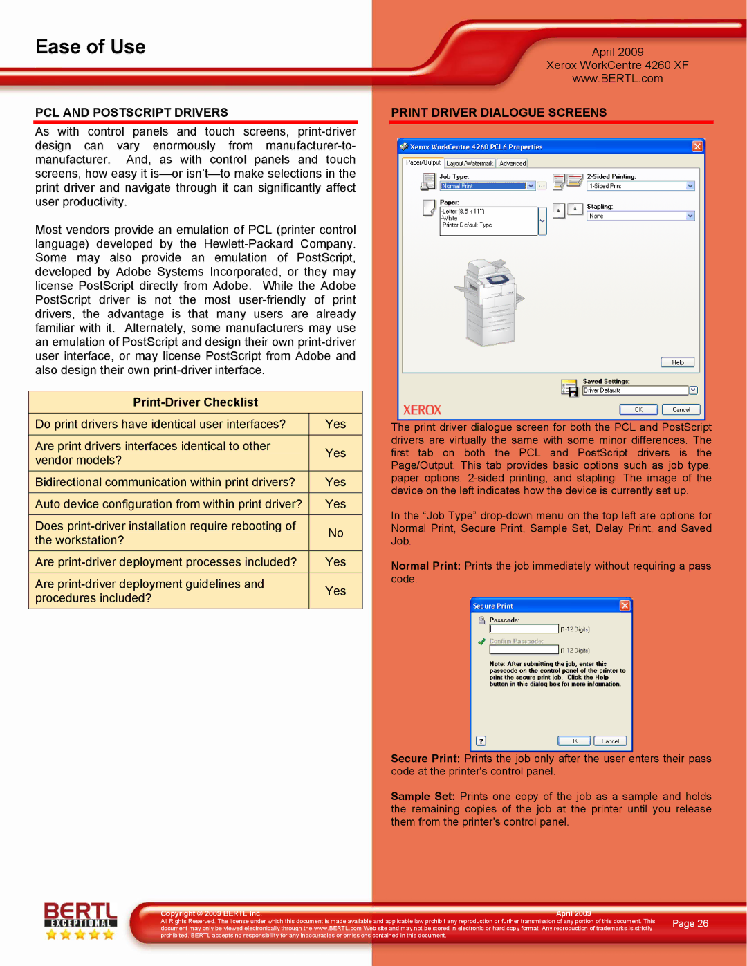 Xerox 4260/XF manual PCL and Postscript Drivers, Print-Driver Checklist, Print Driver Dialogue Screens 