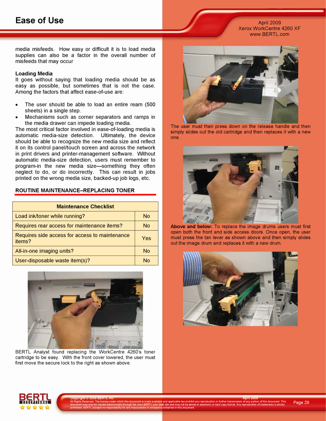 Xerox 4260/XF manual Loading Media, Routine MAINTENANCE-REPLACING Toner, Maintenance Checklist 