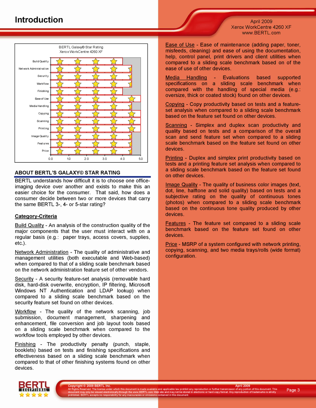 Xerox 4260/XF manual Introduction, About BERTL’S Galaxy Star Rating, Category-Criteria 