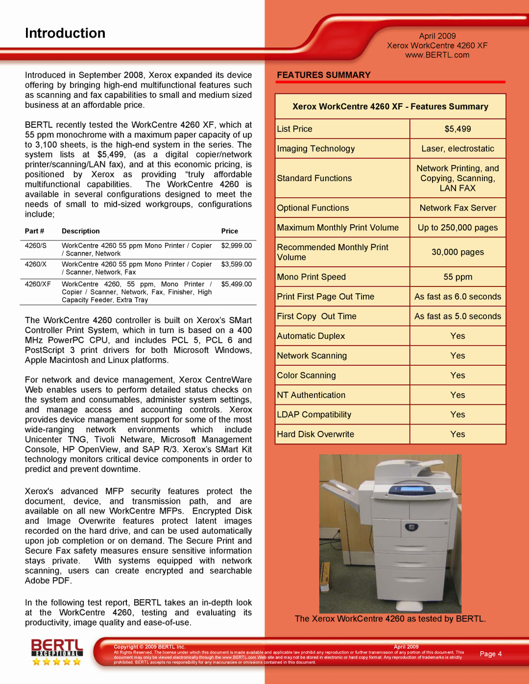 Xerox 4260/XF manual Xerox WorkCentre 4260 XF Features Summary 