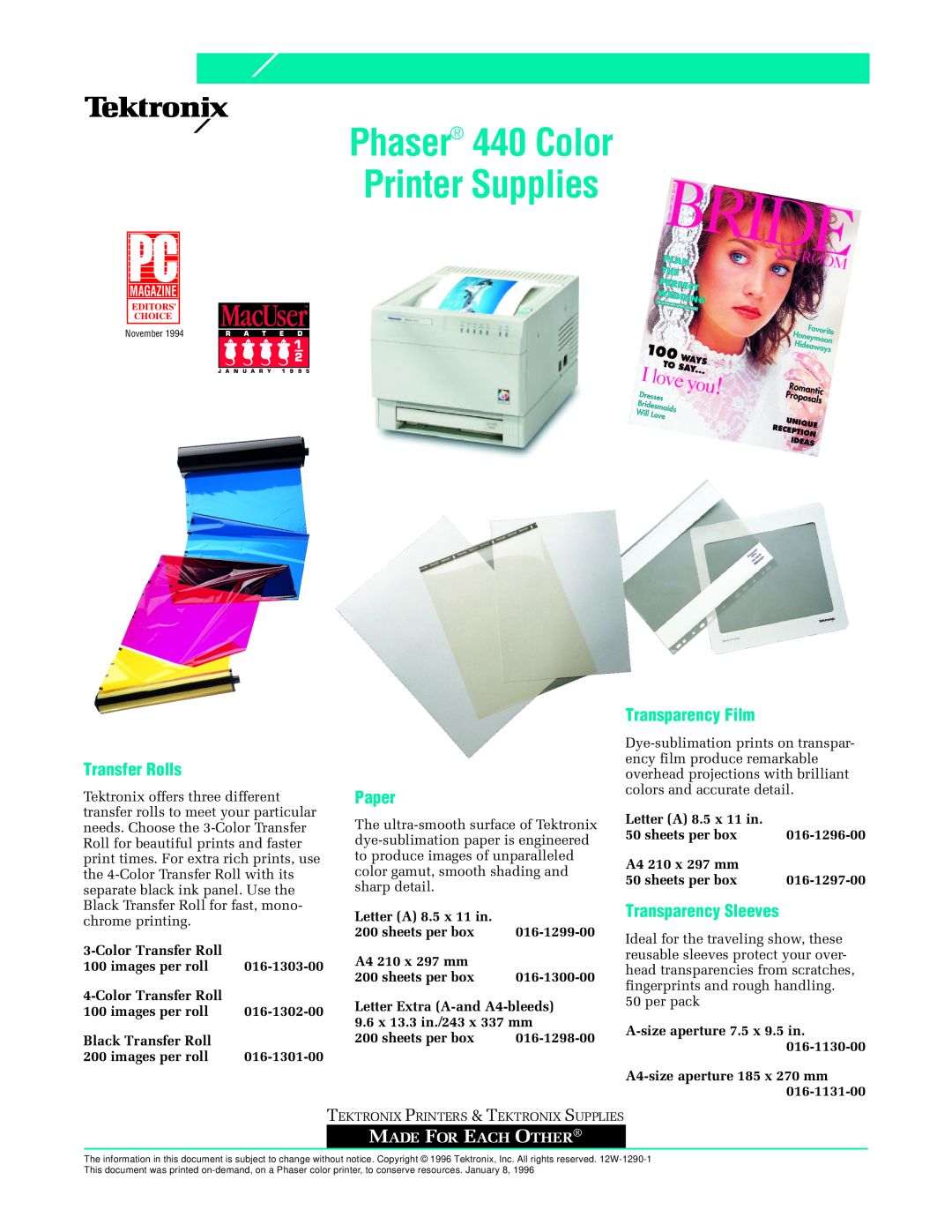 Xerox 436-0279-00 manual Transparency Film, Transfer Rolls, Paper, Transparency Sleeves, Phaser 440 Color Printer Supplies 