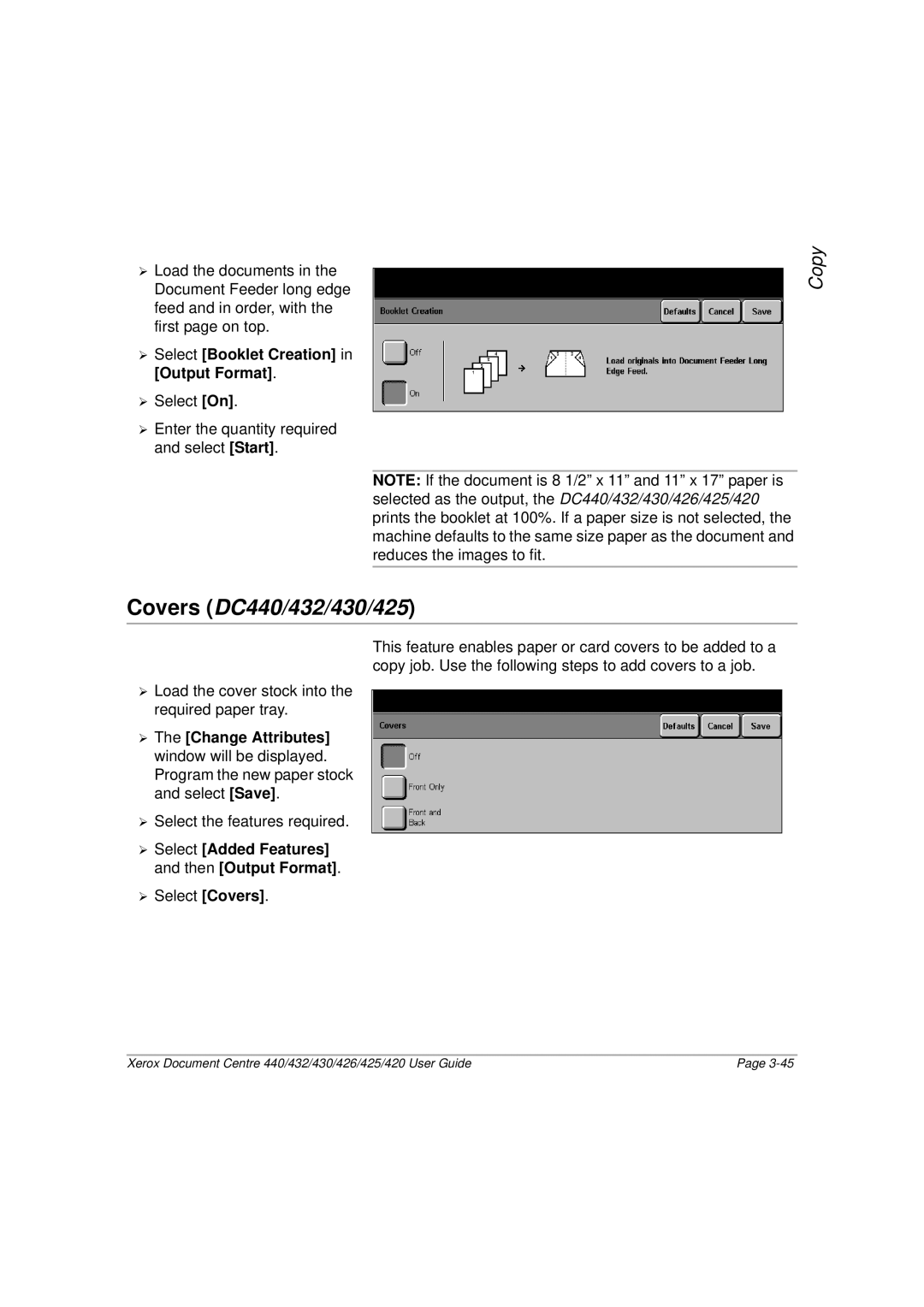 Xerox 426, 420 manual Covers DC440/432/430/425, ¾ Select Booklet Creation in Output Format 