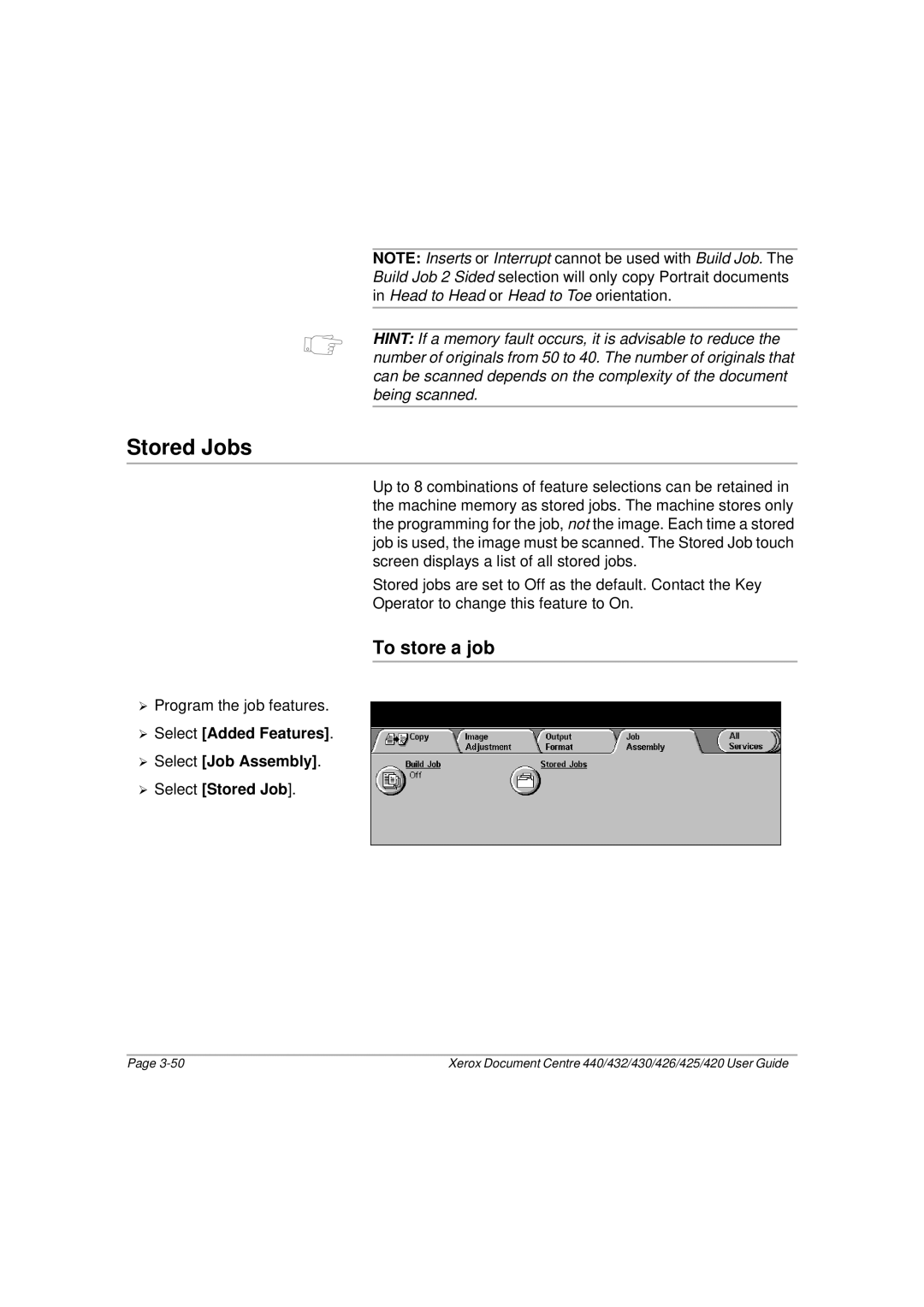 Xerox 430, 440, 432, 426, 425, 420 manual Stored Jobs, To store a job 