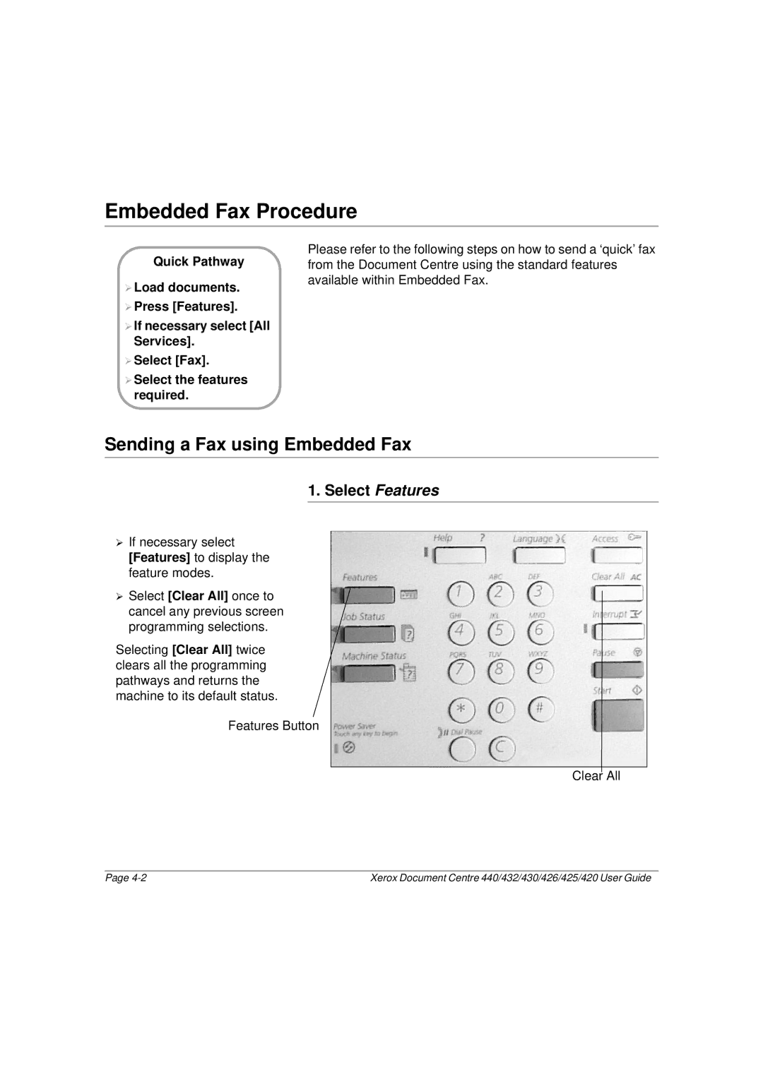 Xerox 425, 440, 432, 430, 426, 420 manual Embedded Fax Procedure, Sending a Fax using Embedded Fax 