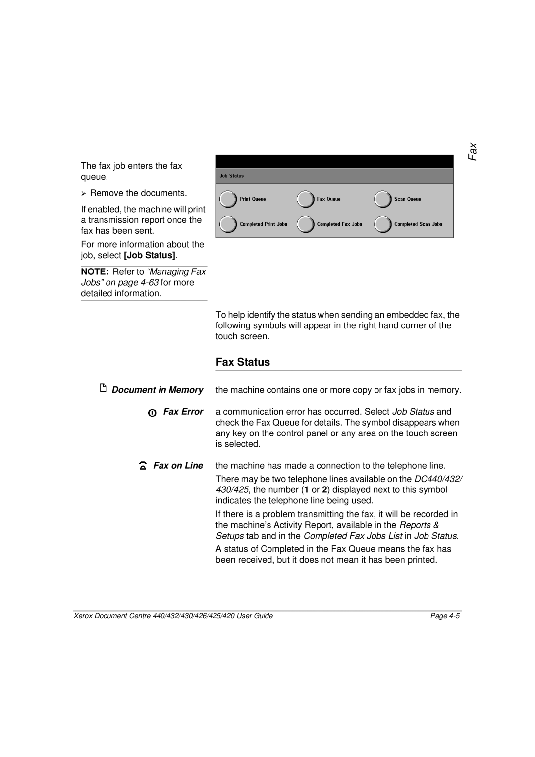 Xerox 432, 440, 430, 426, 425, 420 manual Fax Status 