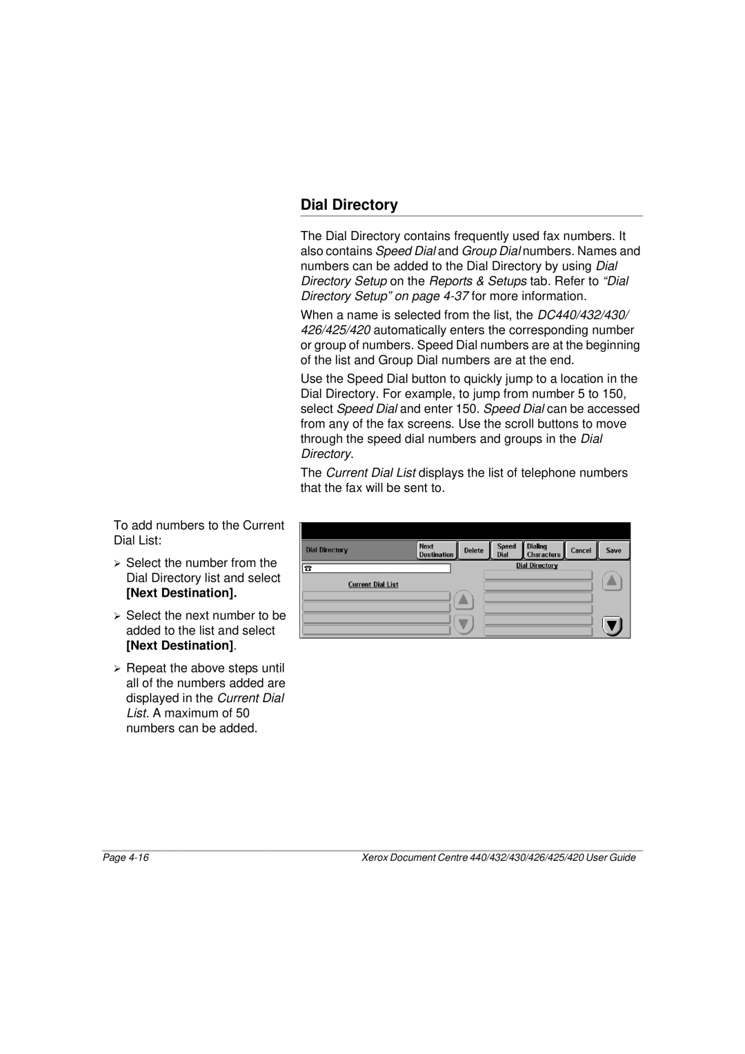 Xerox 440, 432, 430, 426, 425, 420 manual Dial Directory, Next Destination 