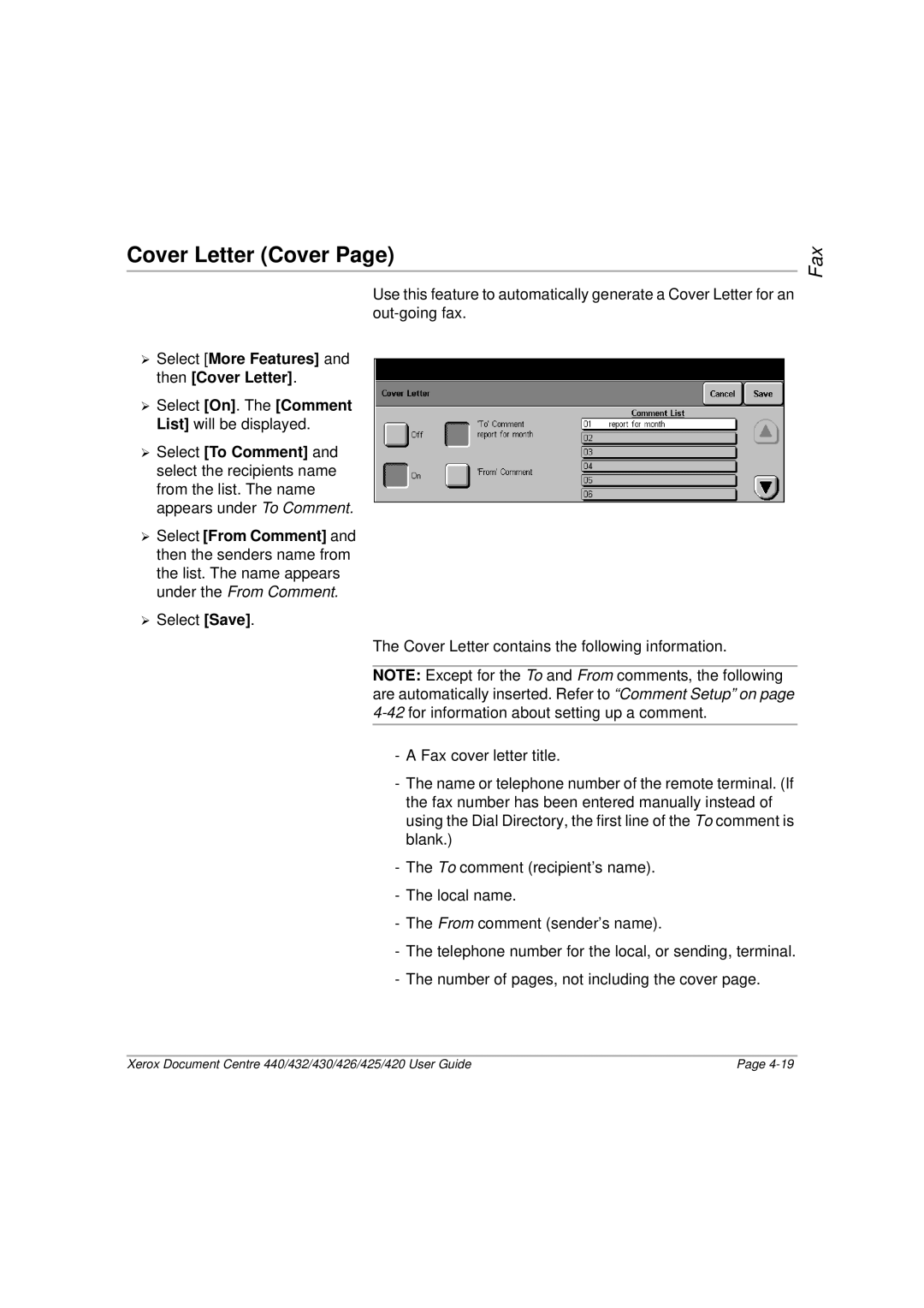 Xerox 426, 440, 432, 430, 425, 420 manual Cover Letter Cover, ¾ Select More Features and then Cover Letter 