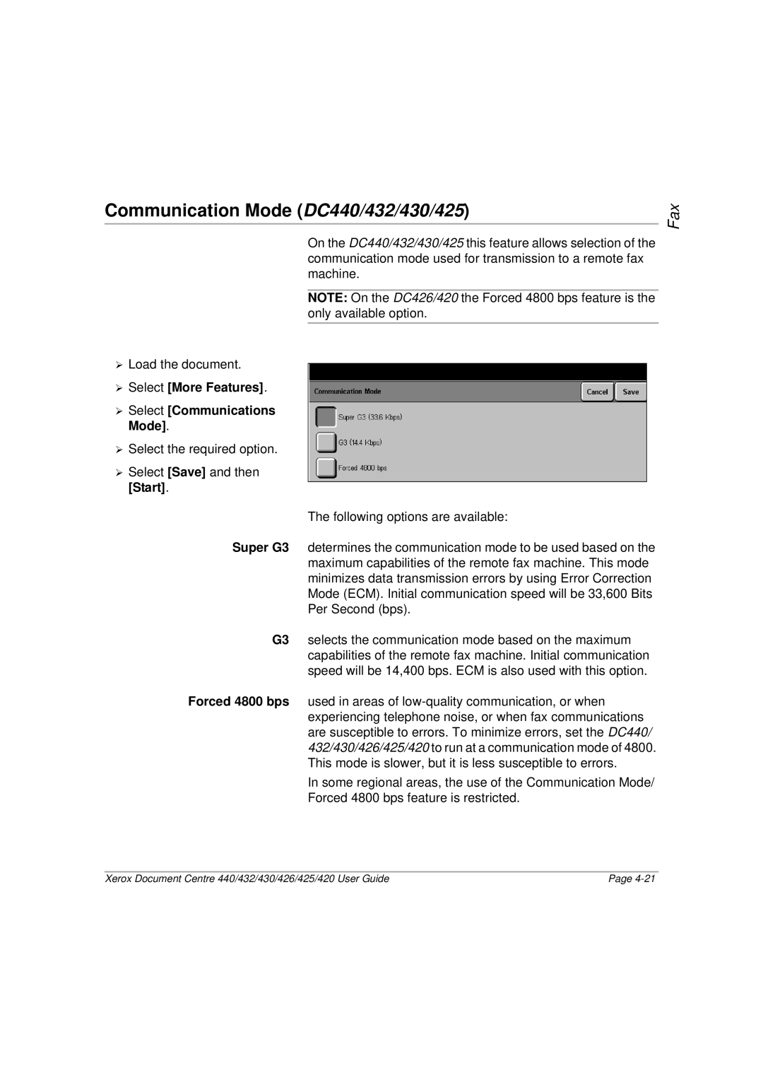 Xerox 420, 426 manual Communication Mode DC440/432/430/425, ¾ Select More Features ¾ Select Communications Mode 