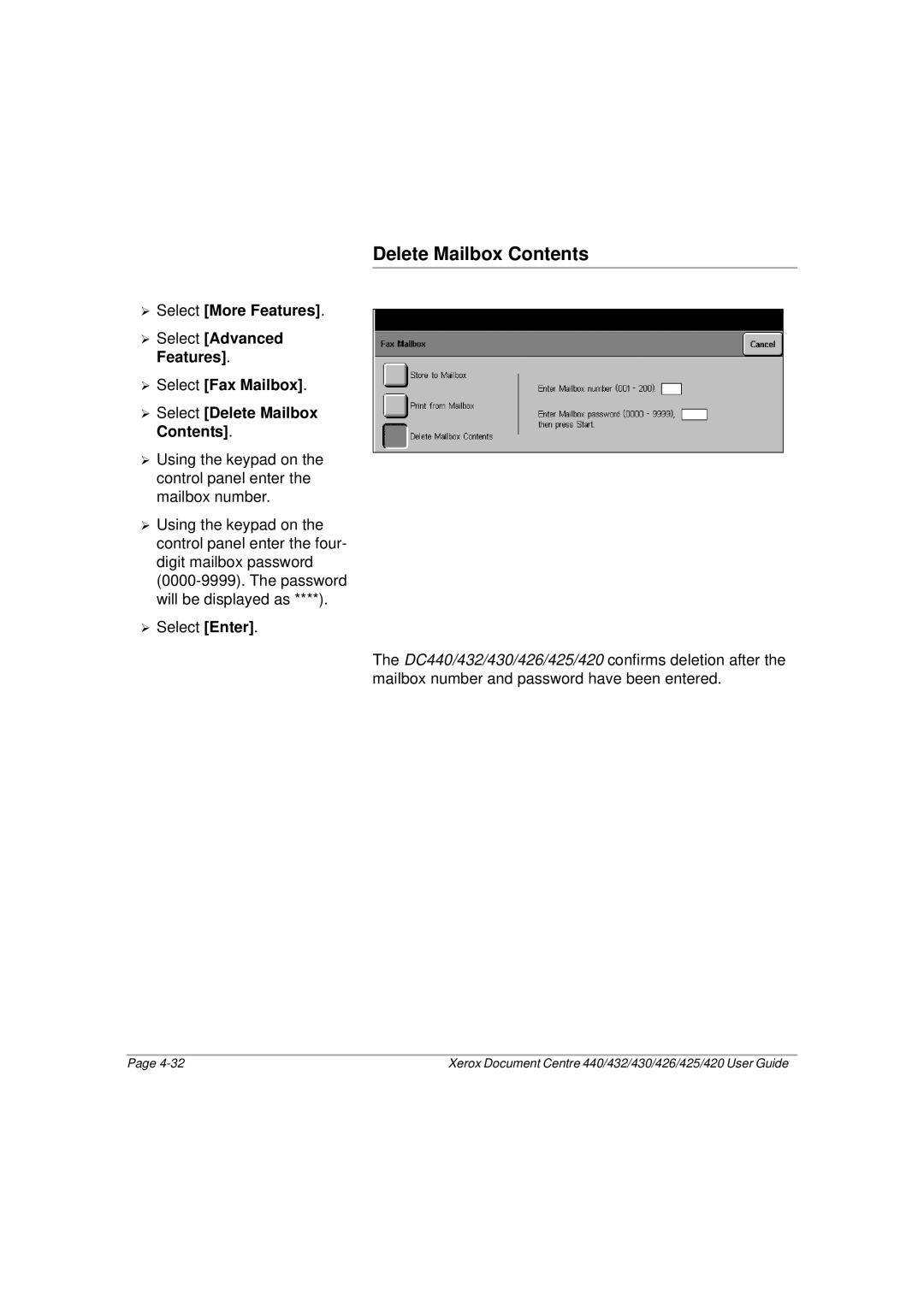 Xerox 425, 440, 432, 430, 426, 420 manual Delete Mailbox Contents 