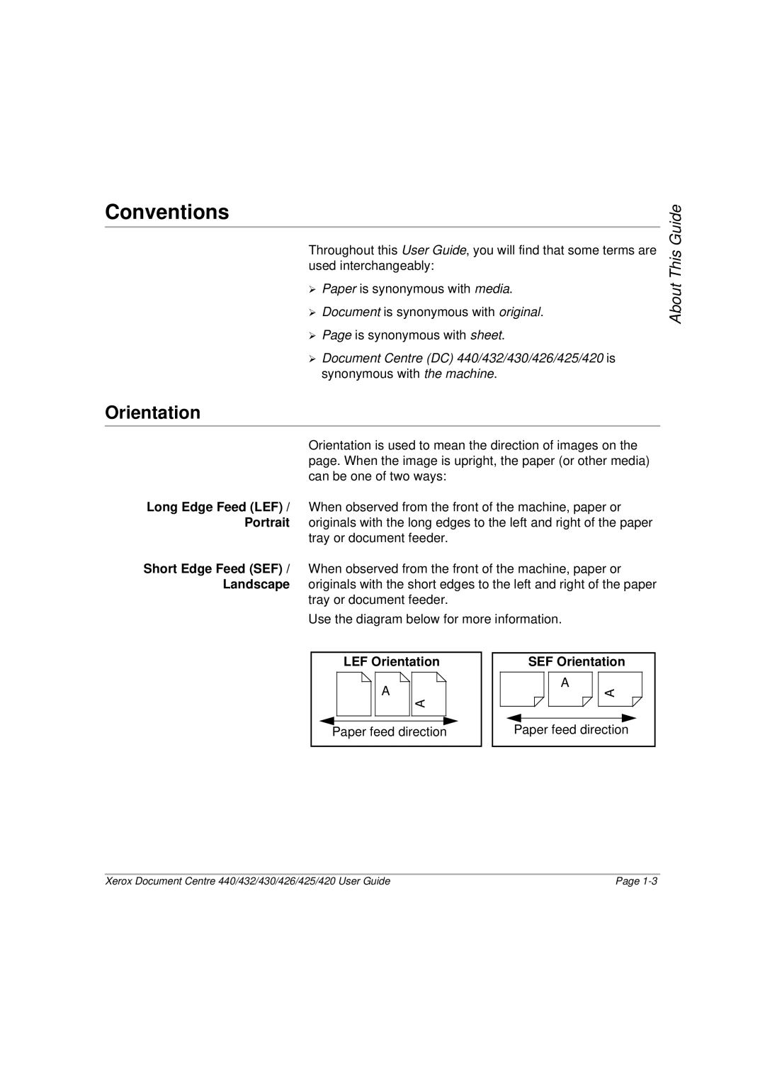 Xerox 426, 440, 432, 430, 425, 420 manual Conventions, LEF Orientation, SEF Orientation 