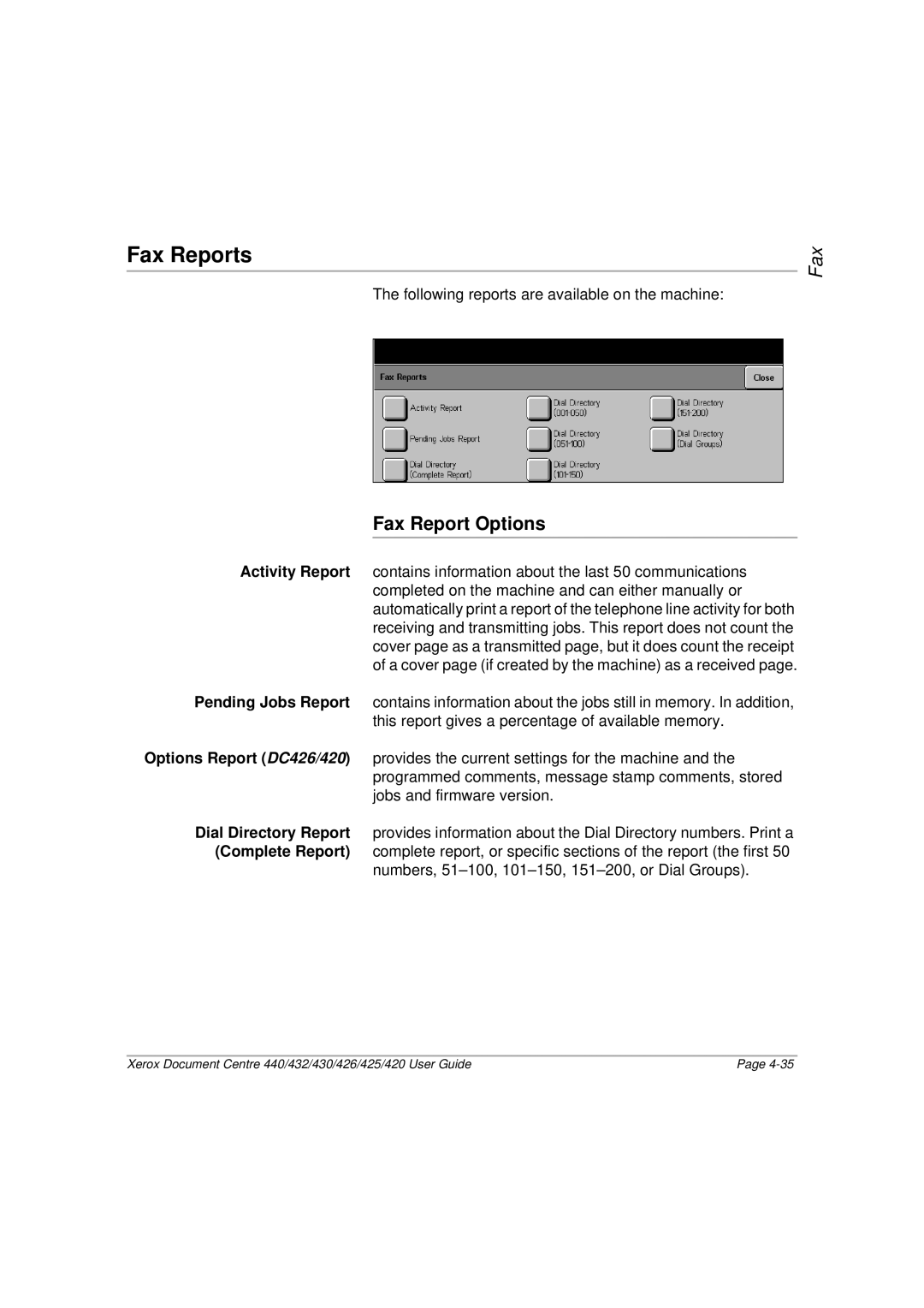 Xerox 432, 440, 430, 426, 425, 420 manual Fax Reports, Fax Report Options, Activity Report 