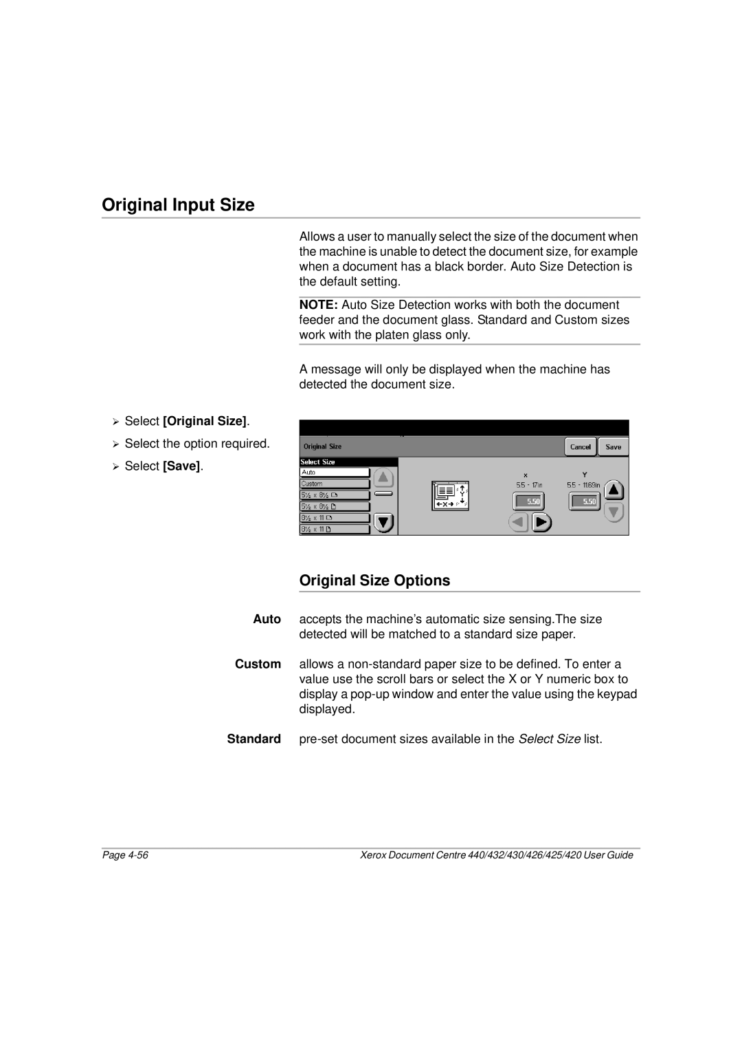 Xerox 425, 440, 432, 430, 426, 420 manual Original Input Size, Original Size Options 