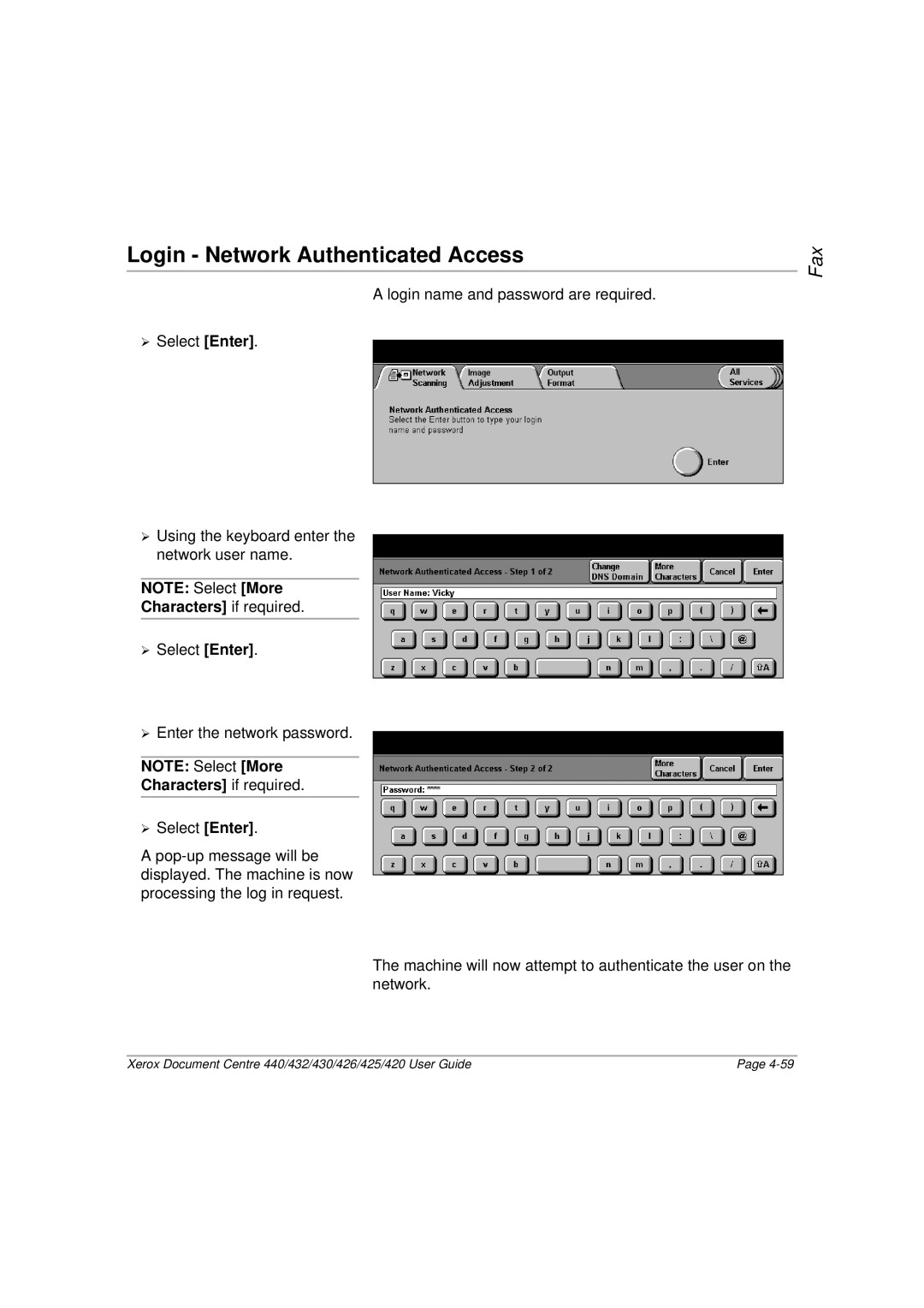 Xerox 432, 440, 430, 426, 425, 420 manual Login Network Authenticated Access 