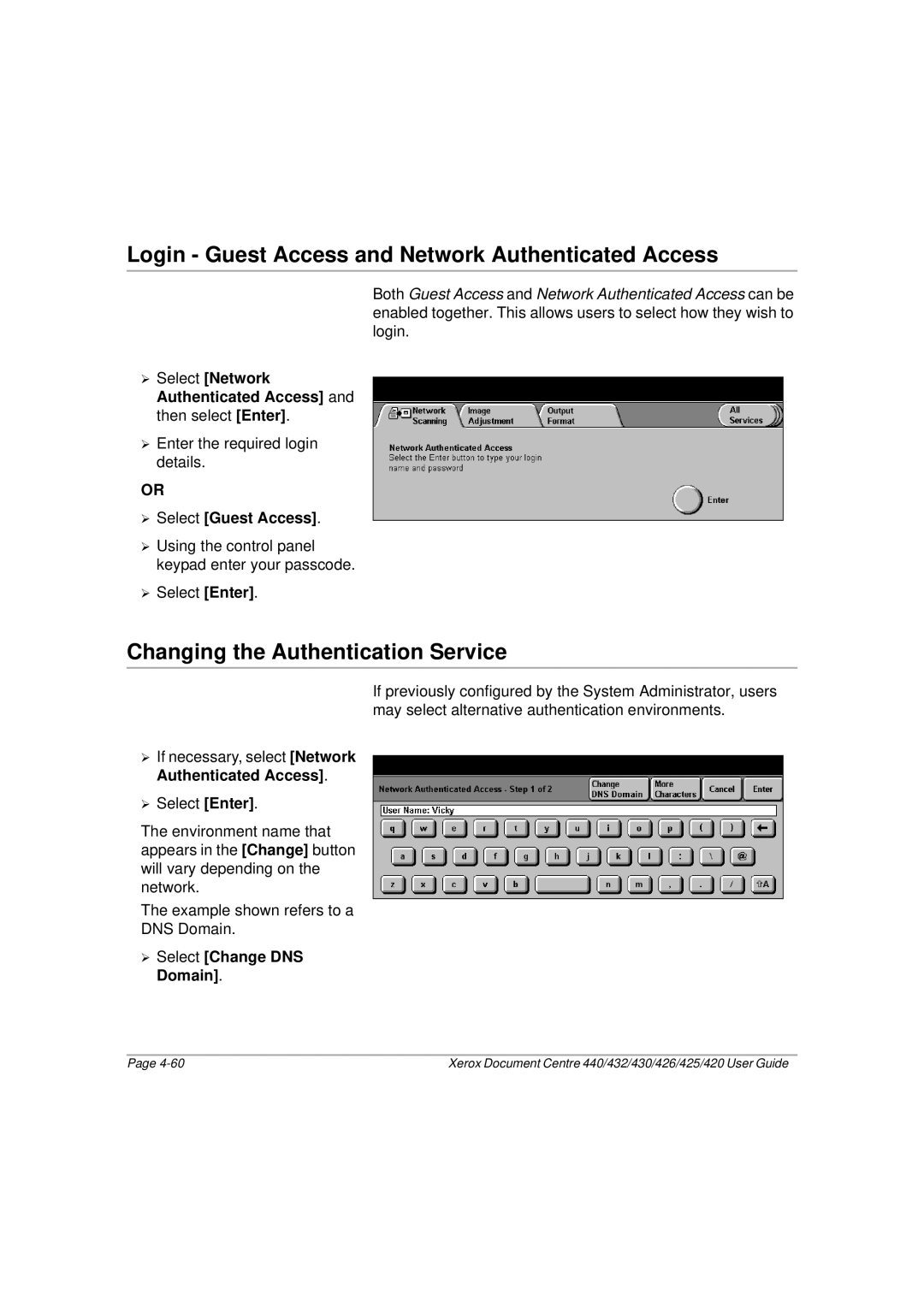 Xerox 430 Login Guest Access and Network Authenticated Access, Changing the Authentication Service, ¾ Select Guest Access 