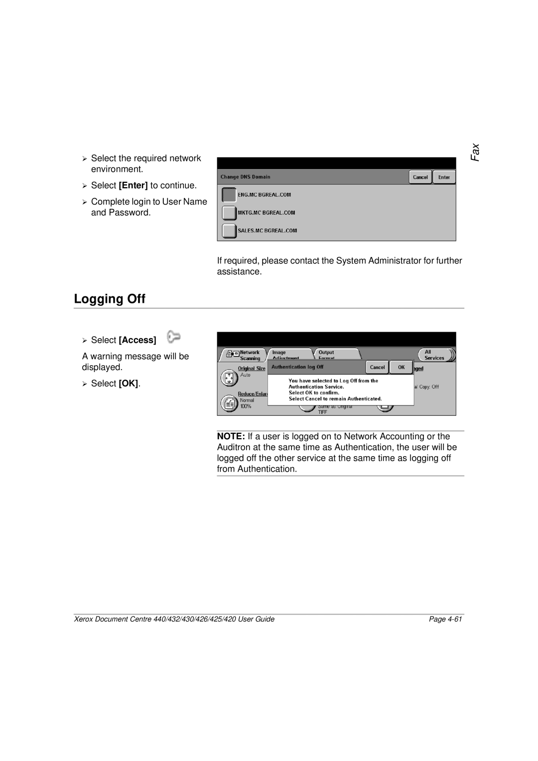 Xerox 426, 440, 432, 430, 425, 420 manual Logging Off, ¾ Select Access 