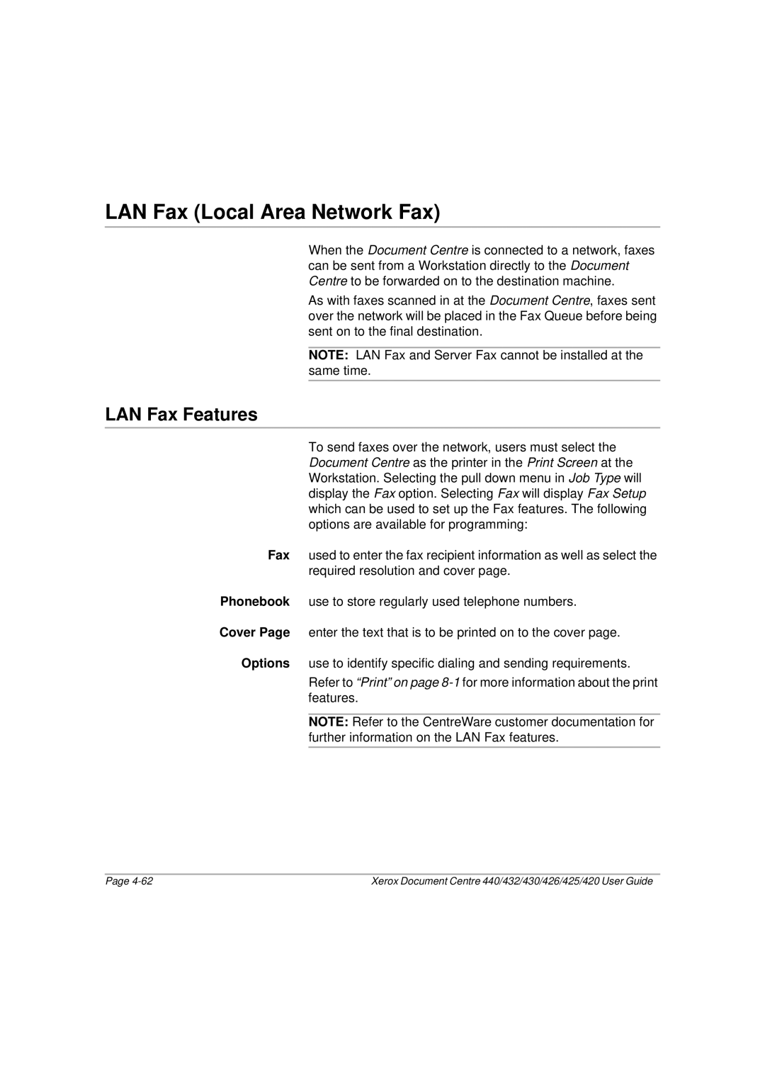 Xerox 425, 440, 432, 430, 426, 420 manual LAN Fax Local Area Network Fax, LAN Fax Features 