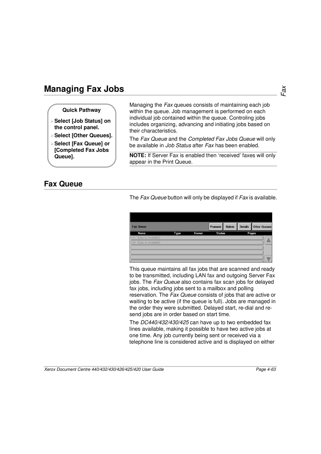 Xerox 420, 440, 432, 430, 426, 425 manual Managing Fax Jobs, Fax Queue 