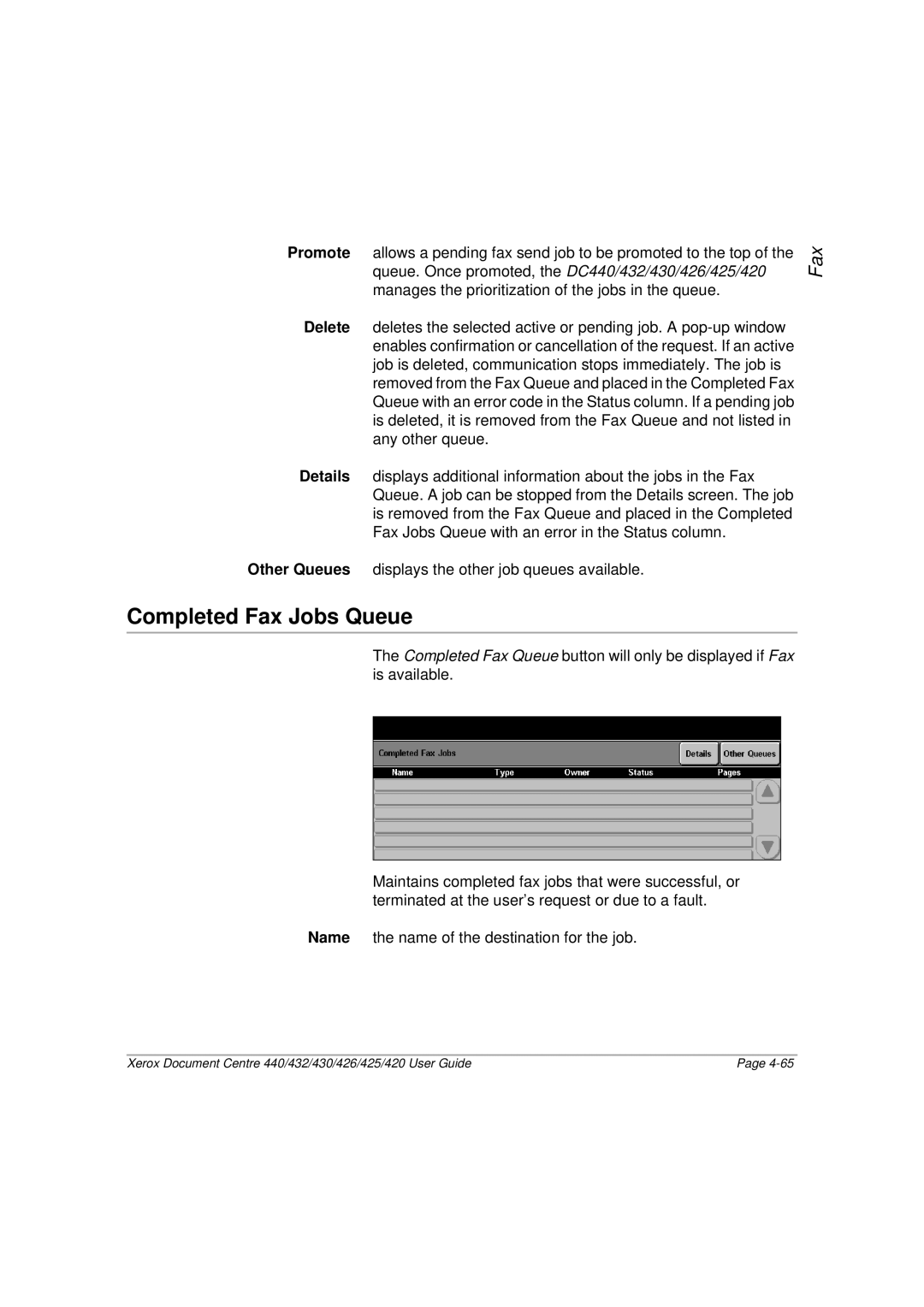 Xerox 432, 440, 430, 426, 425, 420 manual Completed Fax Jobs Queue 