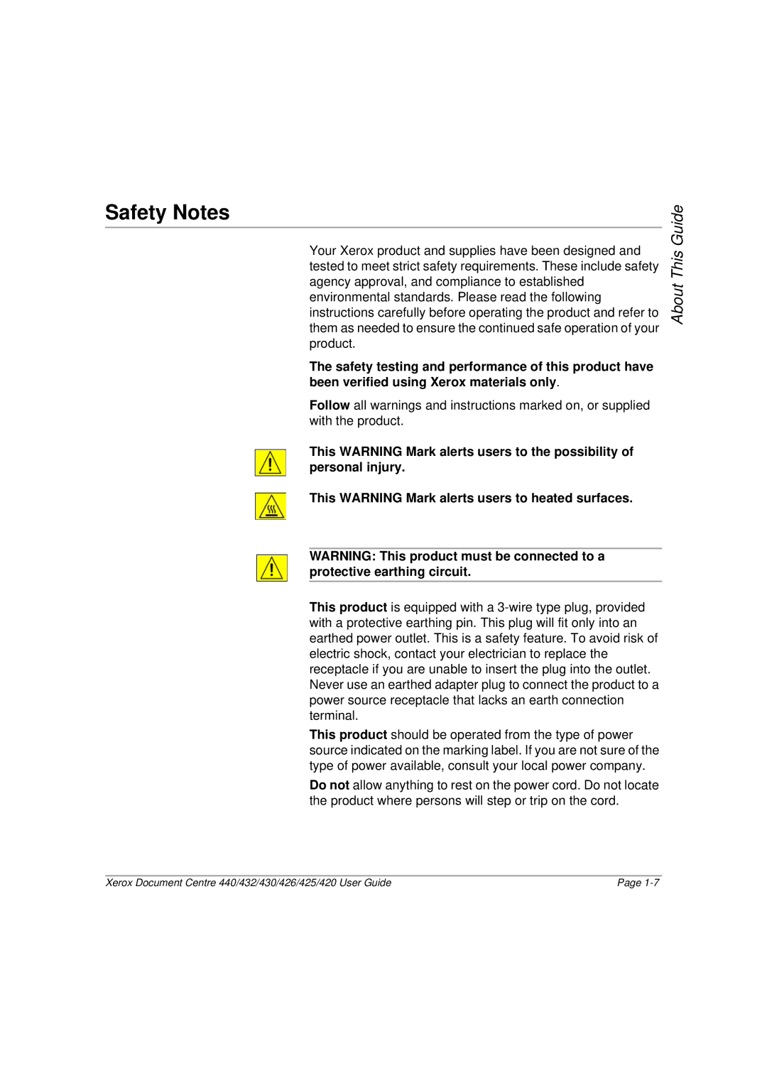 Xerox 432, 440, 430, 426, 425, 420 manual Safety Notes 