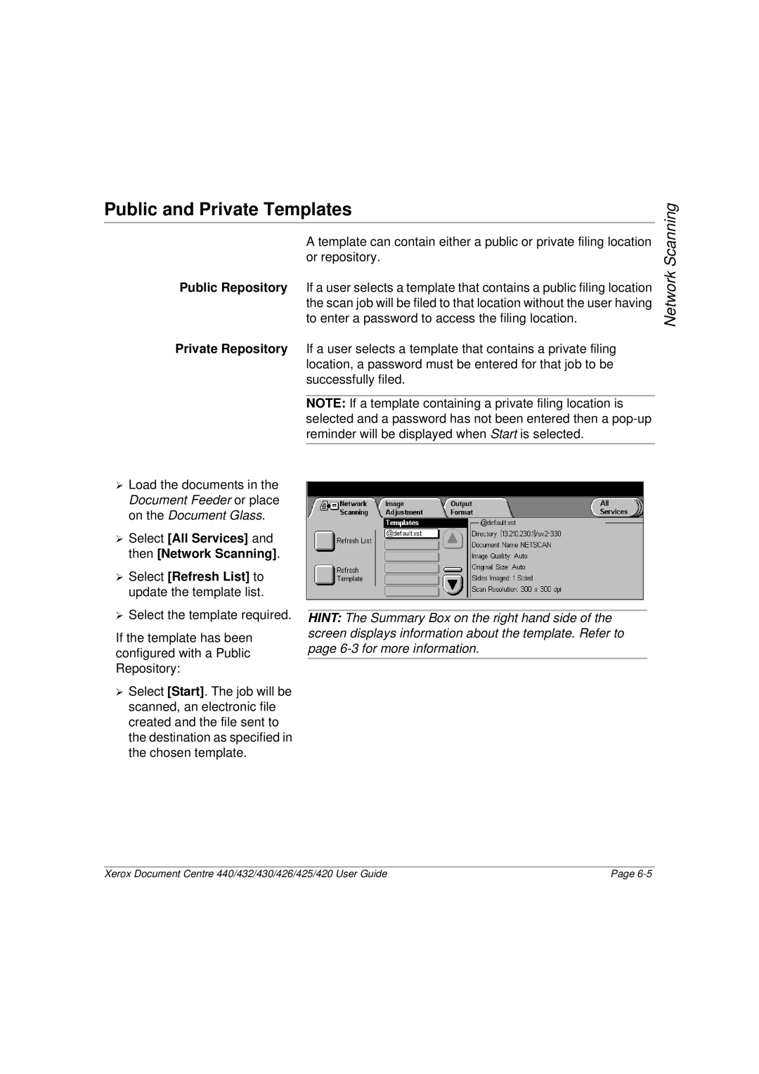 Xerox 432, 440, 430, 426, 425, 420 manual Public and Private Templates, Private Repository 