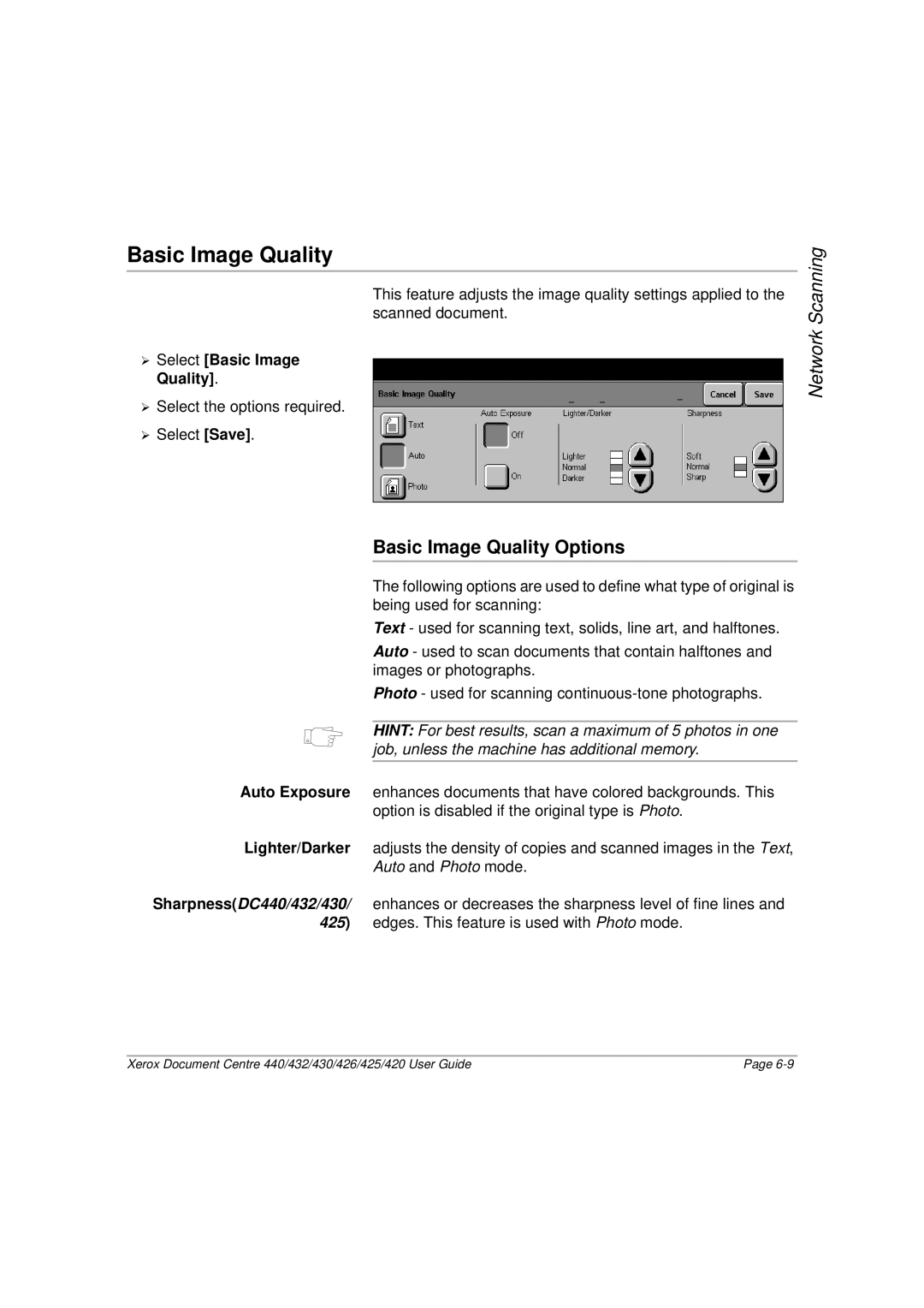 Xerox 420, 440, 432, 430, 426, 425 manual Basic Image Quality Options, ¾ Select Basic Image Quality 