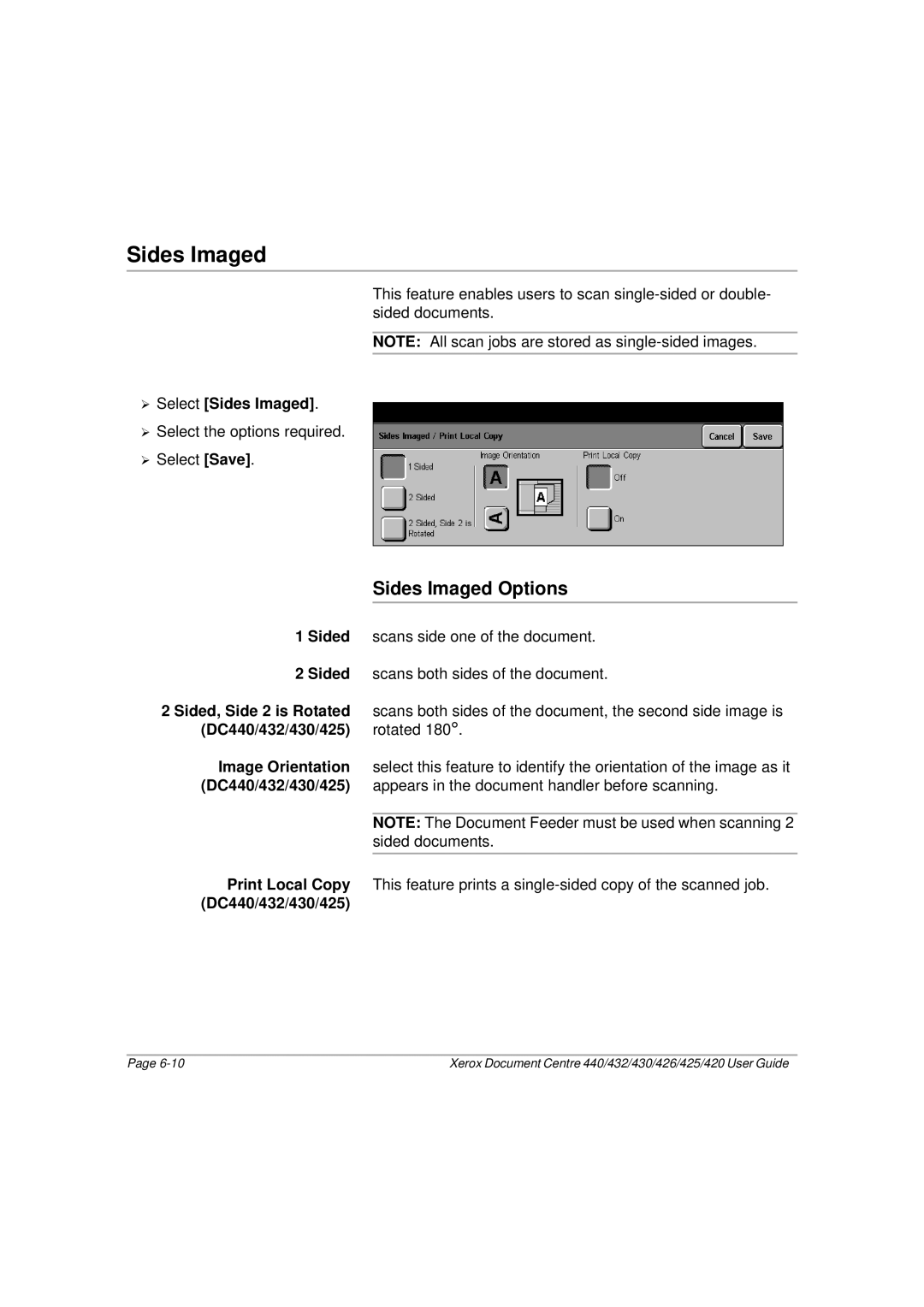 Xerox 440, 432, 430, 426, 425, 420 manual Sides Imaged Options 