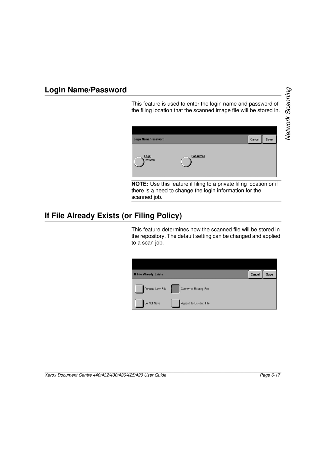 Xerox 432, 440, 430, 426, 425, 420 manual Login Name/Password, If File Already Exists or Filing Policy 