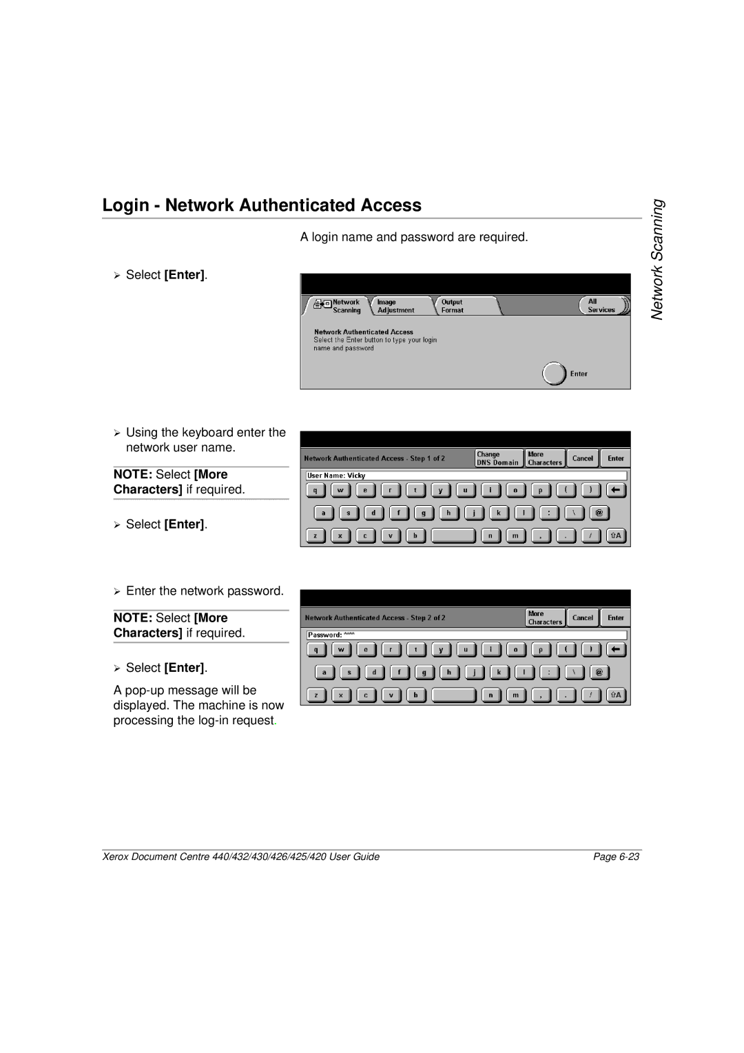 Xerox 432, 440, 430, 426, 425, 420 manual Login Network Authenticated Access, Characters if required 