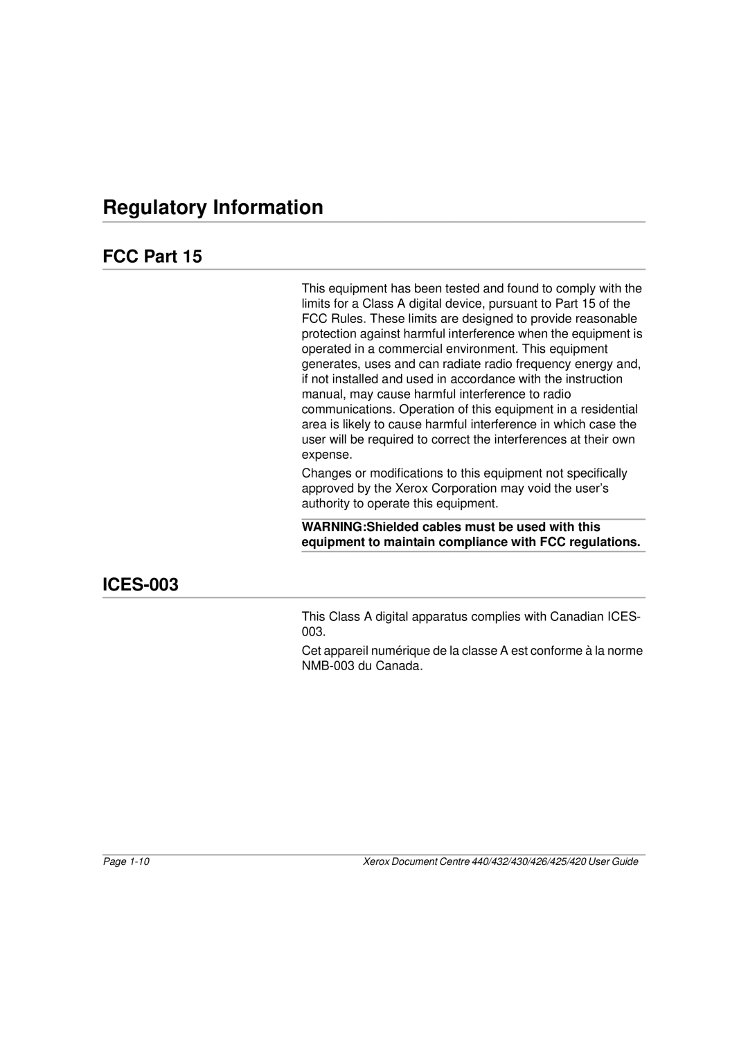 Xerox 425, 440, 432, 430, 426, 420 manual Regulatory Information, FCC Part, ICES-003 