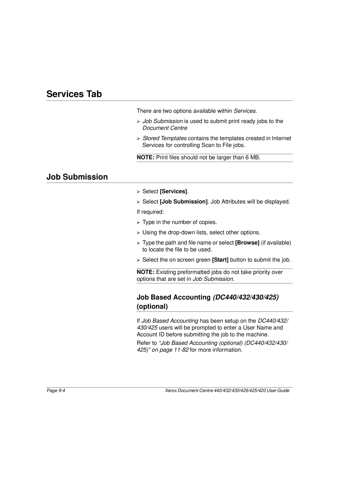 Xerox 440, 432, 430, 426, 425, 420 manual Services Tab, Job Submission, ¾ Select Services 