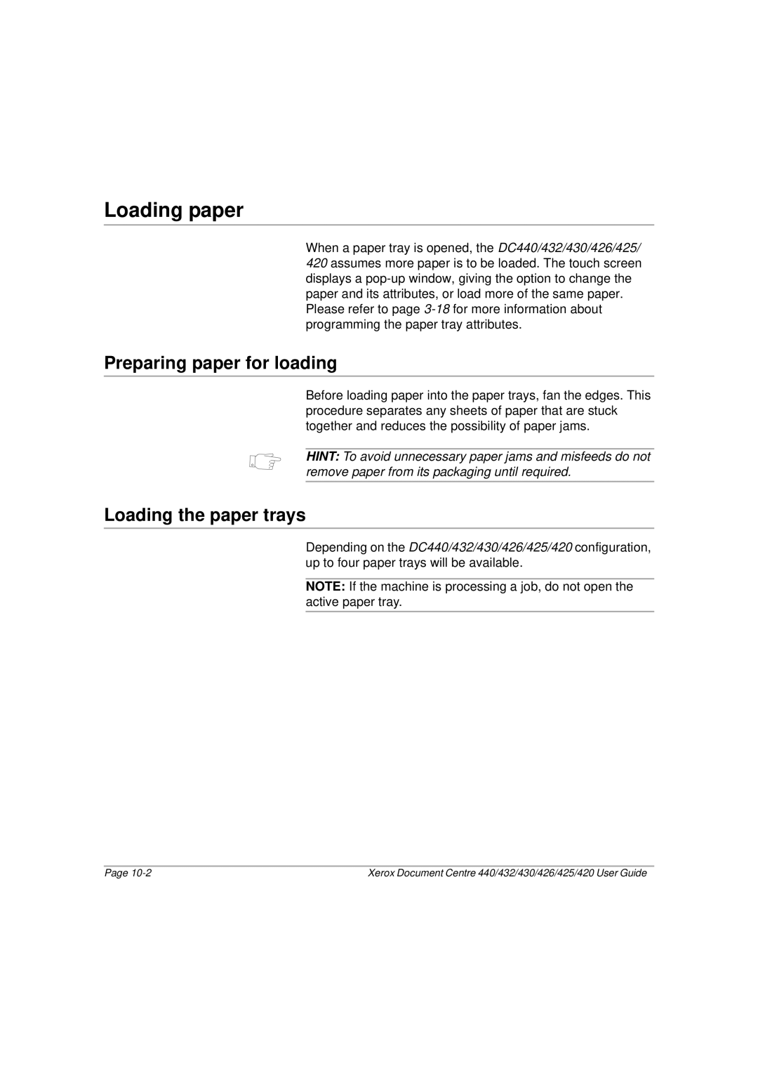 Xerox 430, 440, 432, 426, 425, 420 manual Loading paper, Preparing paper for loading, Loading the paper trays 