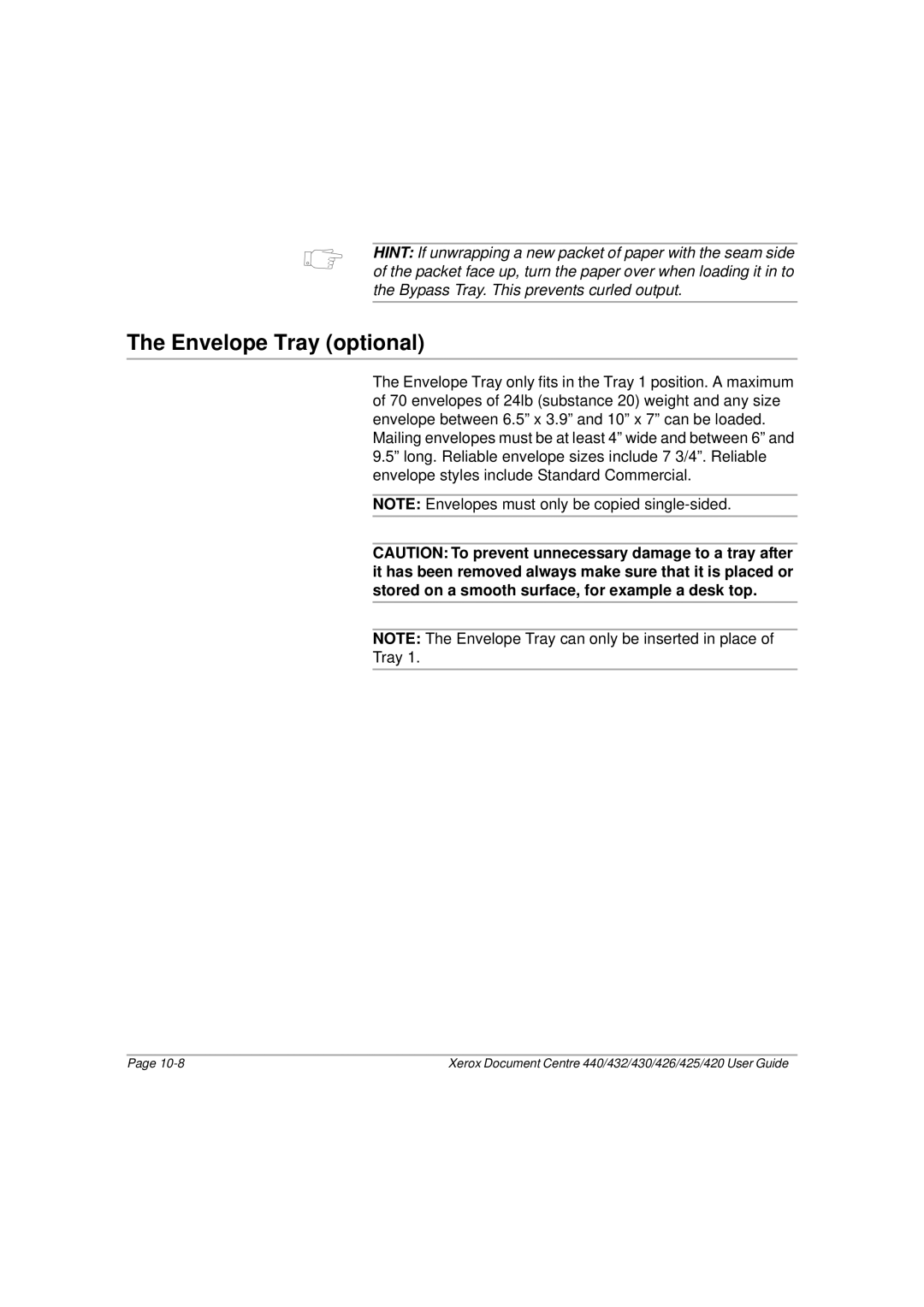 Xerox 430, 440, 432, 426, 425, 420 manual Envelope Tray optional 