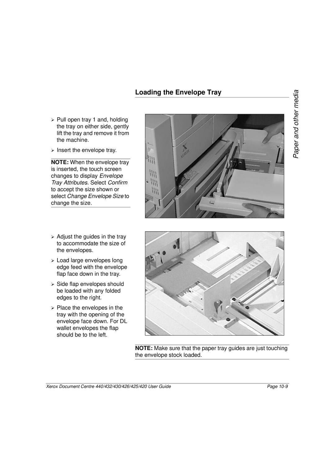 Xerox 426, 440, 432, 430, 425, 420 manual Loading the Envelope Tray 