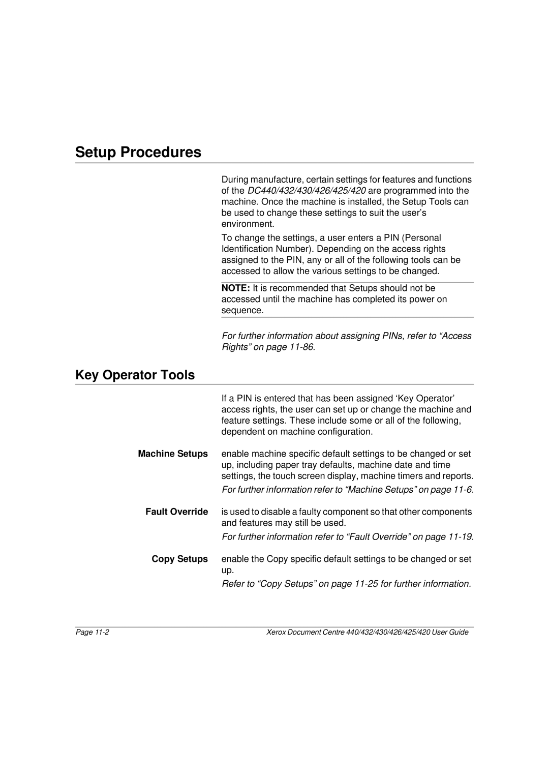 Xerox 425, 440, 432, 430, 426, 420 manual Setup Procedures, Key Operator Tools 